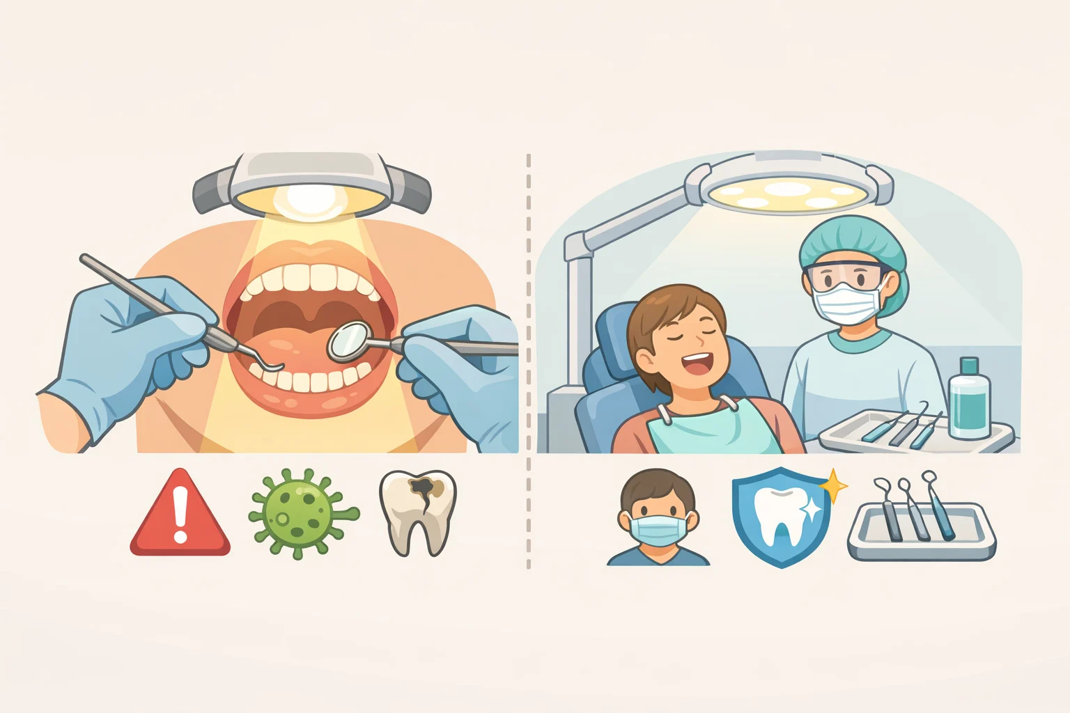 Illustration comparing 40 to 60 lumen close-up illumination from a mouth-held flashlight versus insufficient coverage for scanning, with callouts for missing hygiene and oral certification information