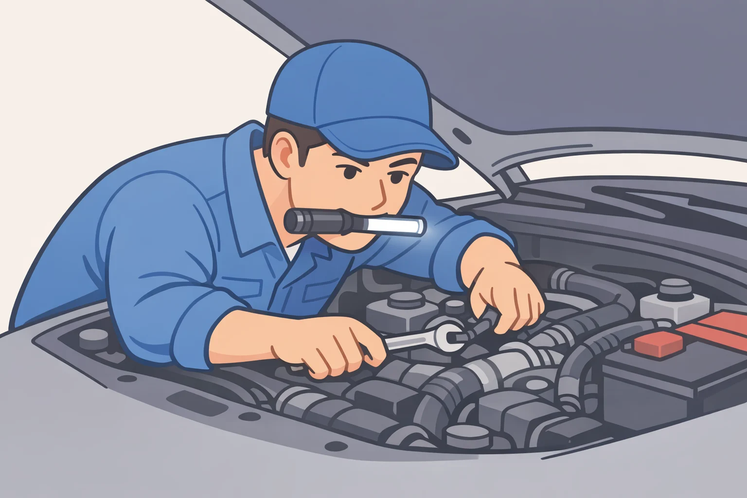 Worker in an engine bay using a hands-free bite light flashlight to illuminate a close-up connector while keeping both hands free