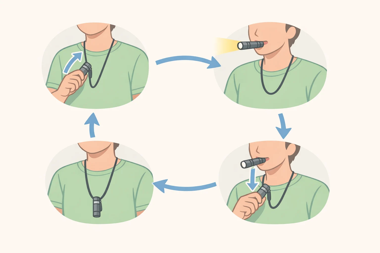 Sequence illustration of a hands-free bite light flashlight resting on a neck lanyard, being lifted to the mouth, bitten for lighting, then dropped back to the chest