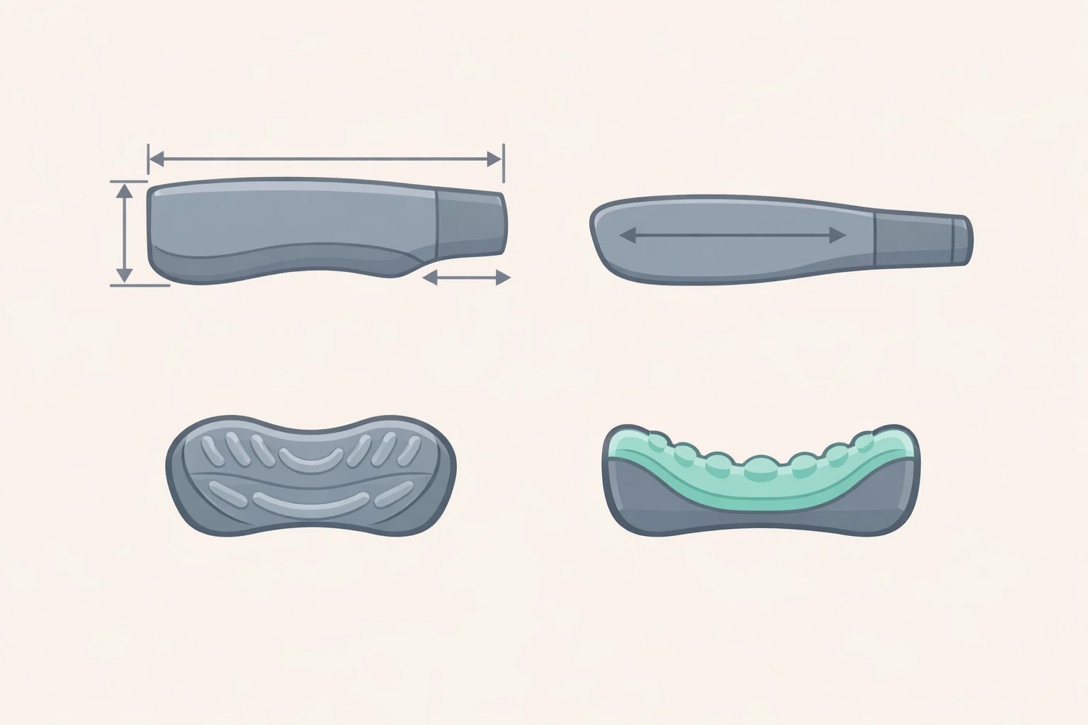Diagram of the bite light flashlight flat, asymmetric housing with silicone mouth-contact area, side grooves for lips, and a tongue dimple indicating how it sits between teeth and lips