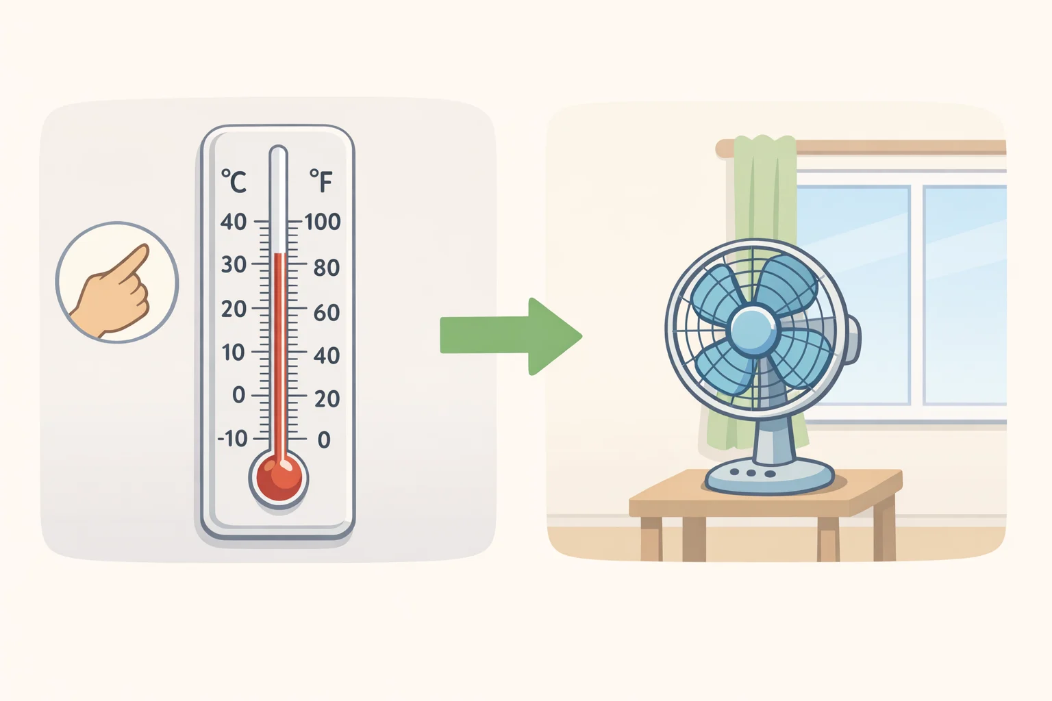 Illustration of a digital thermometer reading the room temperature and a fan set up for cross-ventilation when outdoor air is cooler, reflecting the guidance about using fans above or below 90°F