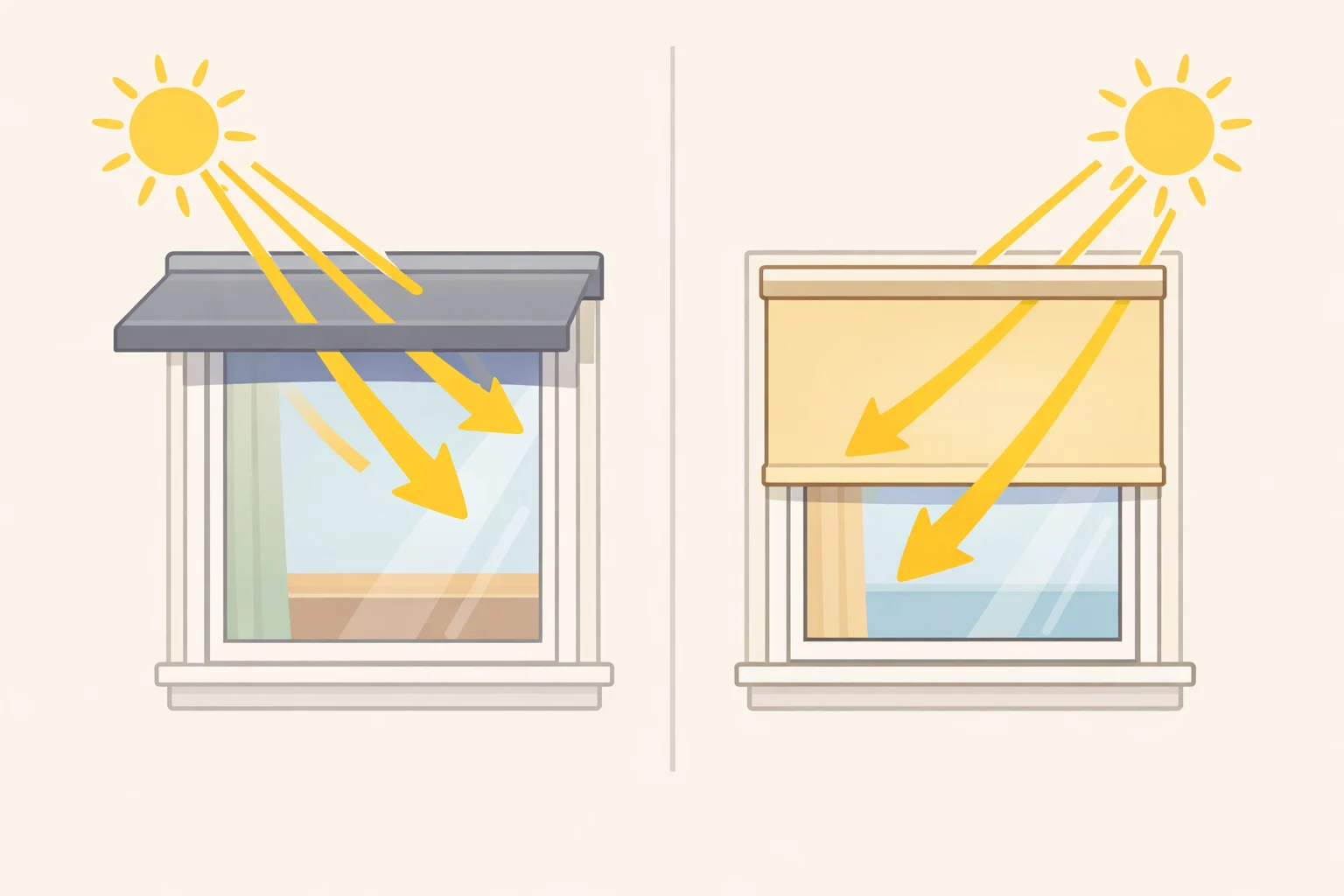 Comparison of window coverings for how to keep your house cool in a heatwave, including exterior solar screens, interior cellular shades, heavy curtains, and cardboard taped over a window