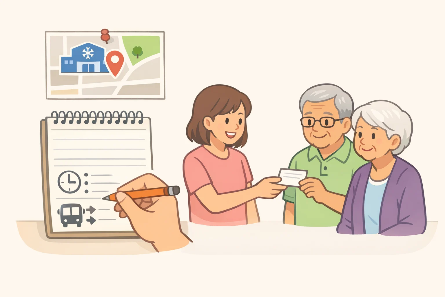 Illustration of a family heat safety checklist with an emergency contact section and a highlighted nearby public cooling center address for use if indoor cooling fails