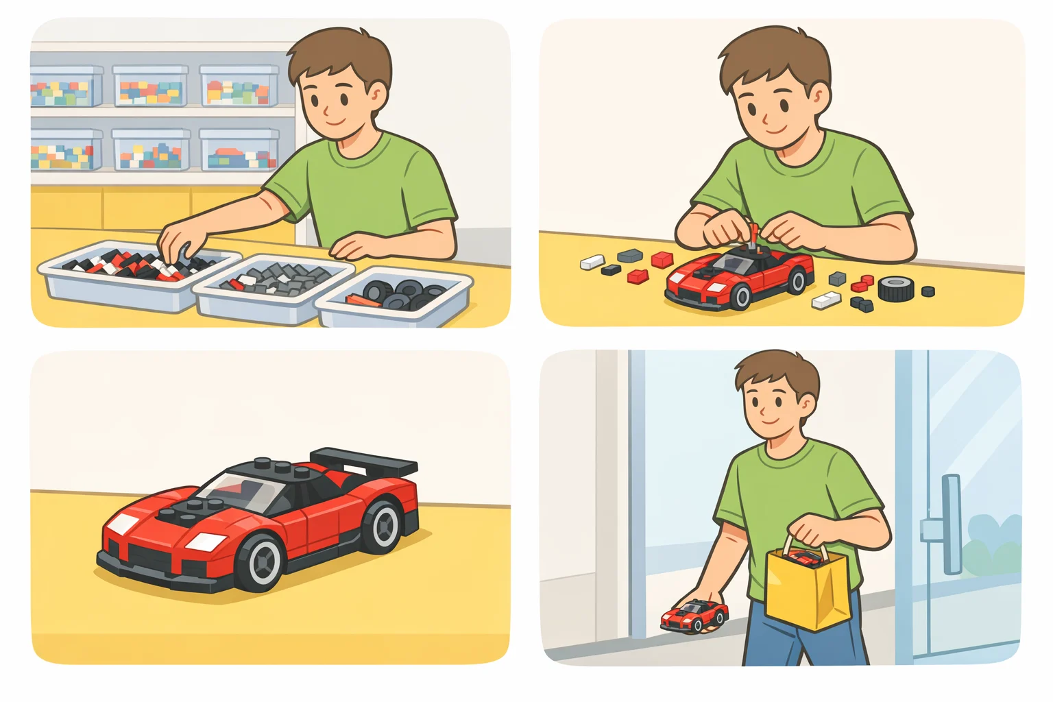 Illustration of a customer building the LEGO sports car inside a participating Brand Store at an event table and walking out holding the completed model
