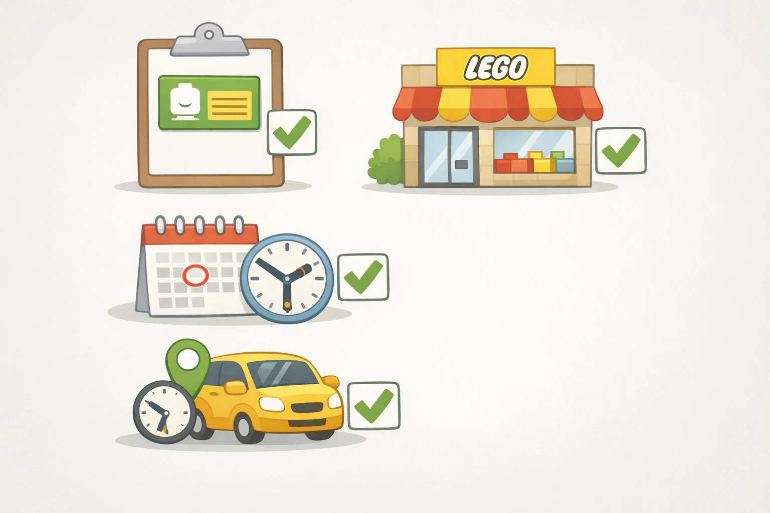 Illustration of a phone with LEGO Insiders login and a checklist of event prep itemsactive membership, confirmed participating store, correct date/time, and arriving at the start of the window
