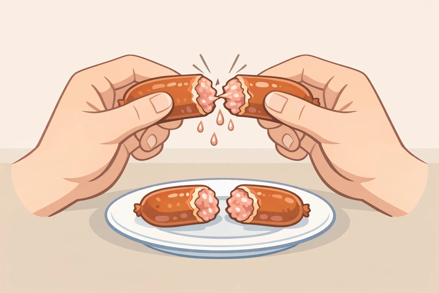 Illustration of a barbecue sausage link with the casing labeled for the snap test, highlighting casing integrity, even fat distribution, and juicy texturehelpful when deciding what to order at a barbecue restaurant