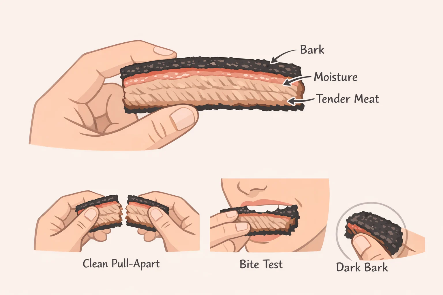 Illustration of a brisket tray where a diner compares brisket structure, moisture release, and a deep dark barkshowing the exact features to judge before tasting