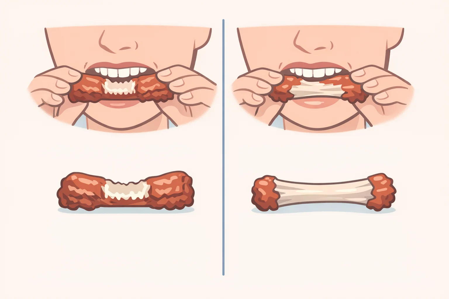 Illustration of a rib bite test with two side-by-side examples: one rib leaving a clean bite mark with meat still attached to the bone, and another rib showing fall-off-the-bone breakdown