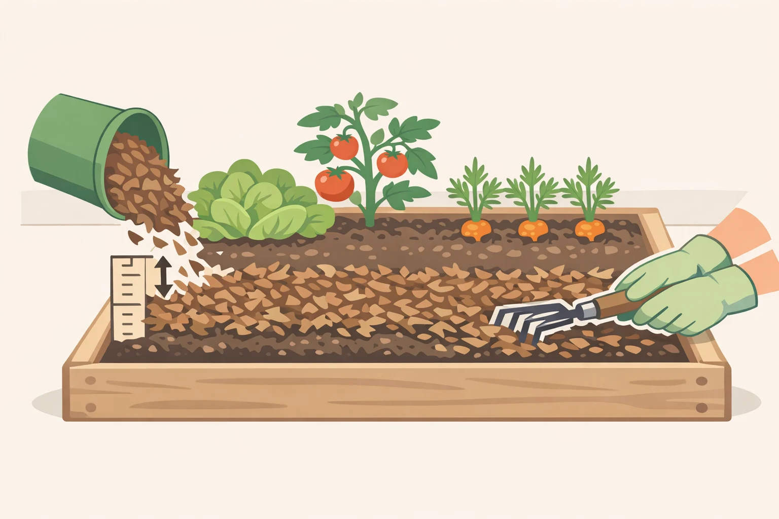 Person spreading shredded leaves into a vegetable garden bed in a controlled 6 to 8 inch layer instead of leaving a compressed mat on the lawn