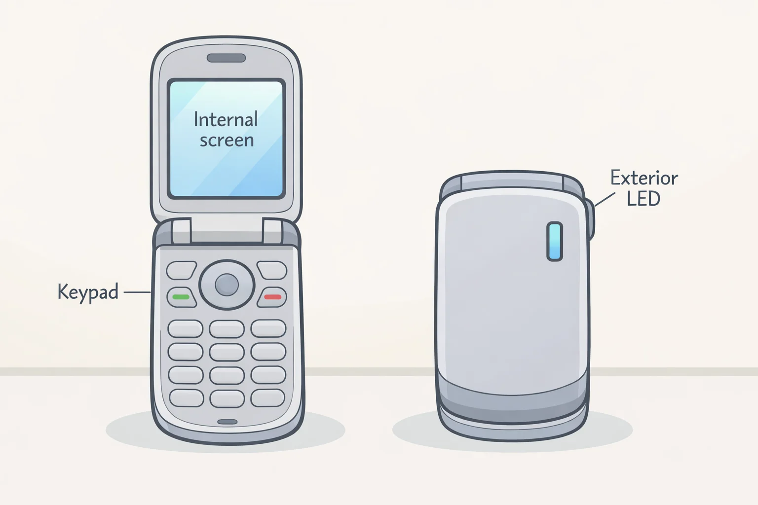 Light Flip dumb flip phone shown open with a 2.8-inch OLED display and bottom keypad, and shown closed with a matte exterior and blinking notification LED