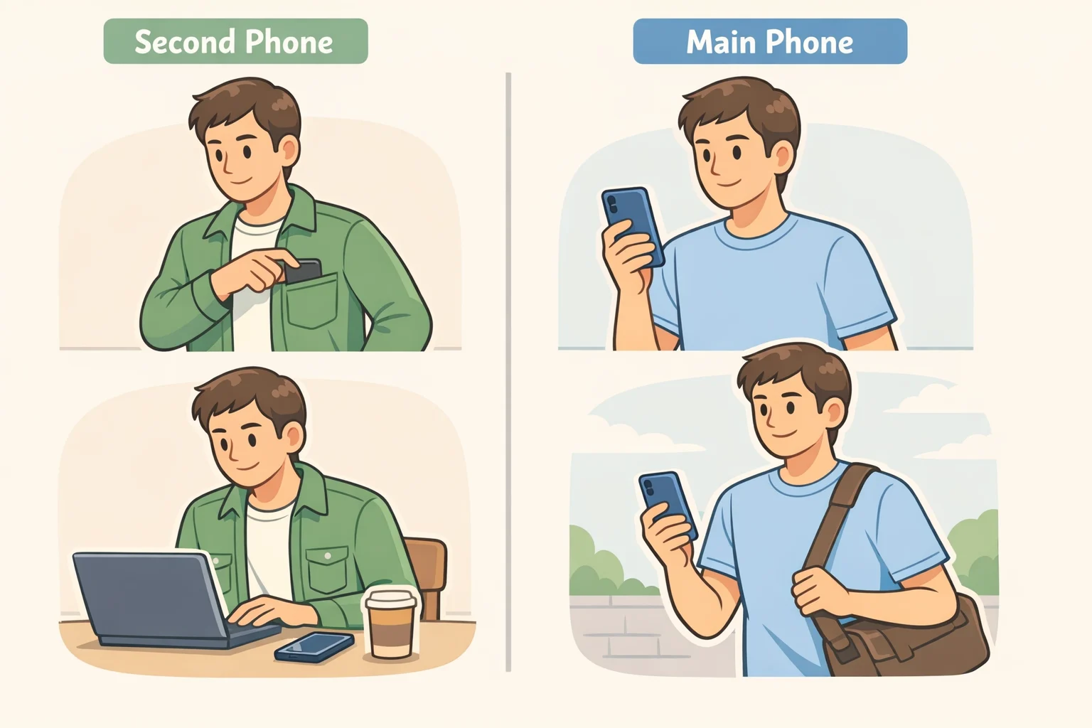 Illustration of someone using a Light Flip as a second phone while keeping a smartphone in a bag at home, emphasizing the $299 or $39/month second-device use case