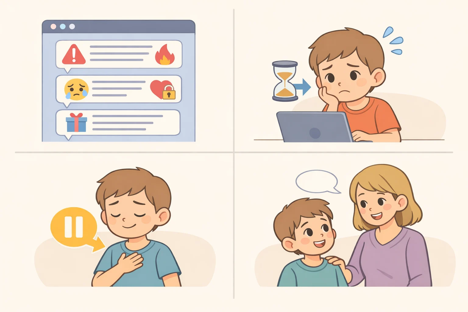 Illustration of a messaging app where a child sees urgent requests and threats, then uses a 'pause and tell an adult' prompt before responding