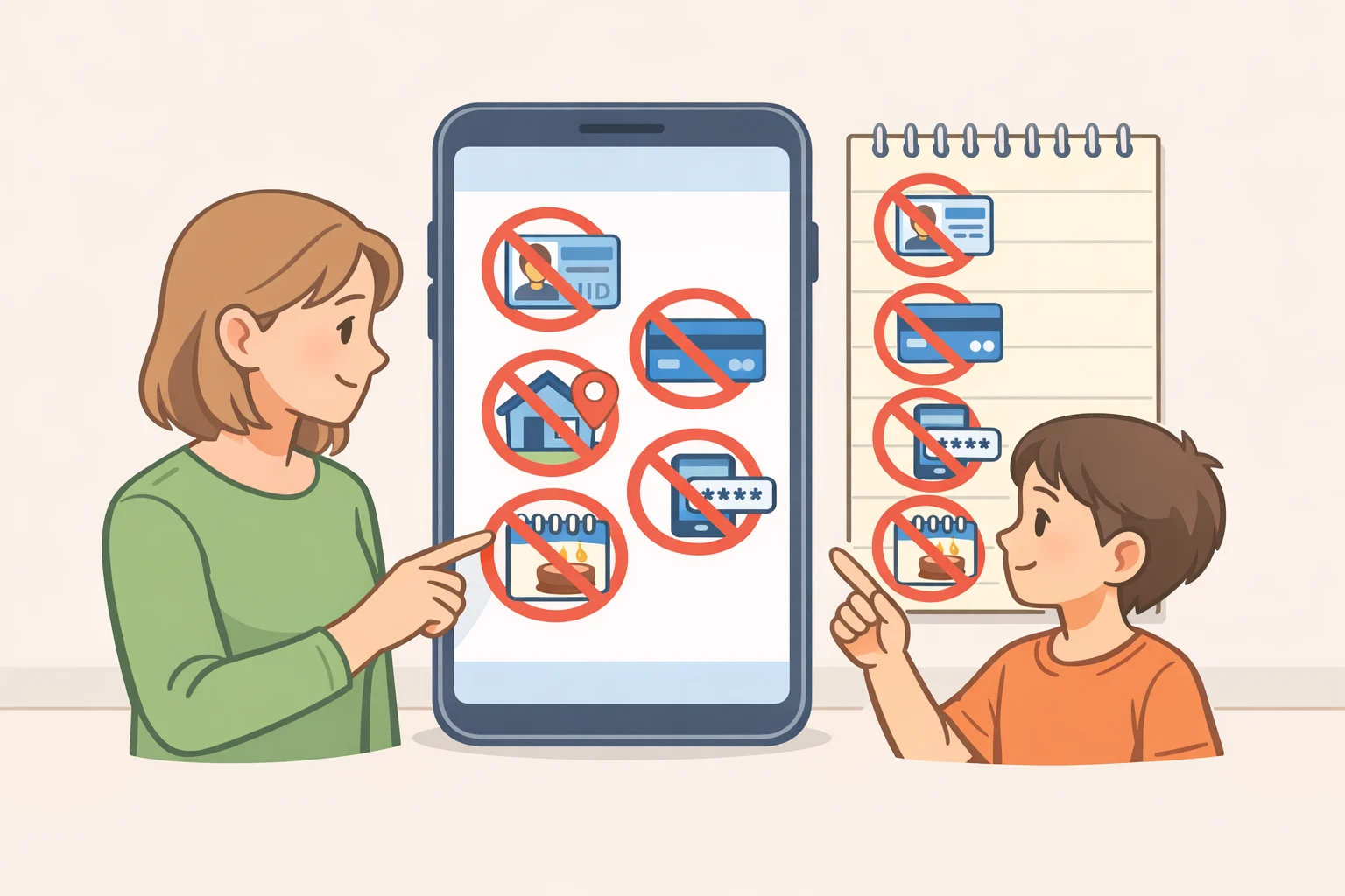 Illustration of a never-share list with items like full name, home address, school name, phone number, and passwords crossed out from a public profile edit screen
