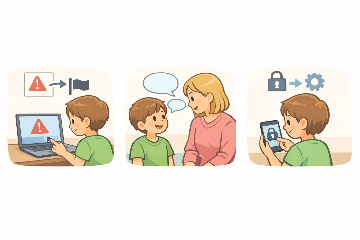 Illustration of a step-by-step recovery plan showing documentation, reporting, and telling a trusted adult to reduce shame after an embarrassing or harmful online event