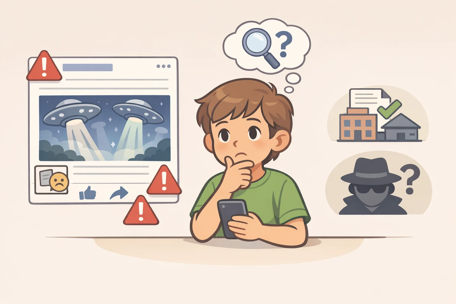 Illustration for internet safety tips for kids showing a post that looks like news but is labeled as rumor, with a child checking the sender and pausing before sharing