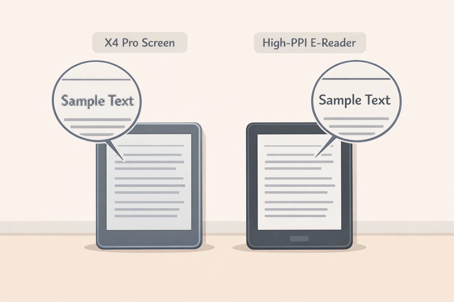 Side-by-side comparison of e-reader text where the Xteink X4 Pro at 219 ppi appears less crisp than a 300 ppi Kindle-style screen