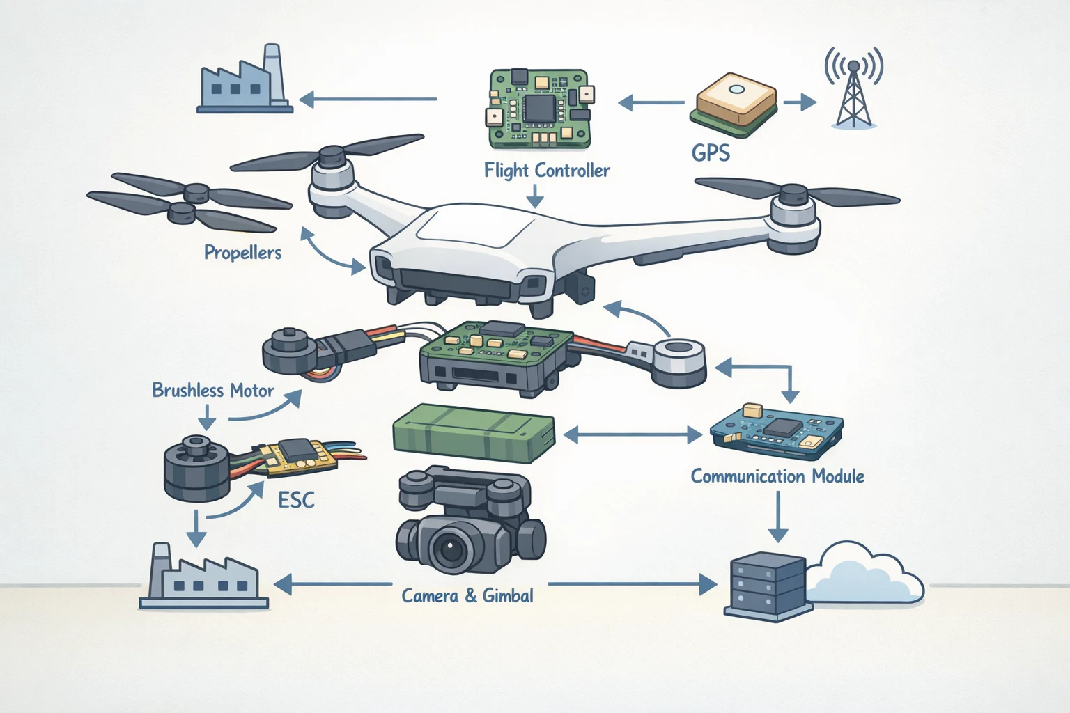 Exploded diagram of a commercial drone highlighting radios, flight controller, signal processors, GPS, camera module, and firmware subsystems with arrows to different upstream suppliers to illustrate layered sourcing risk