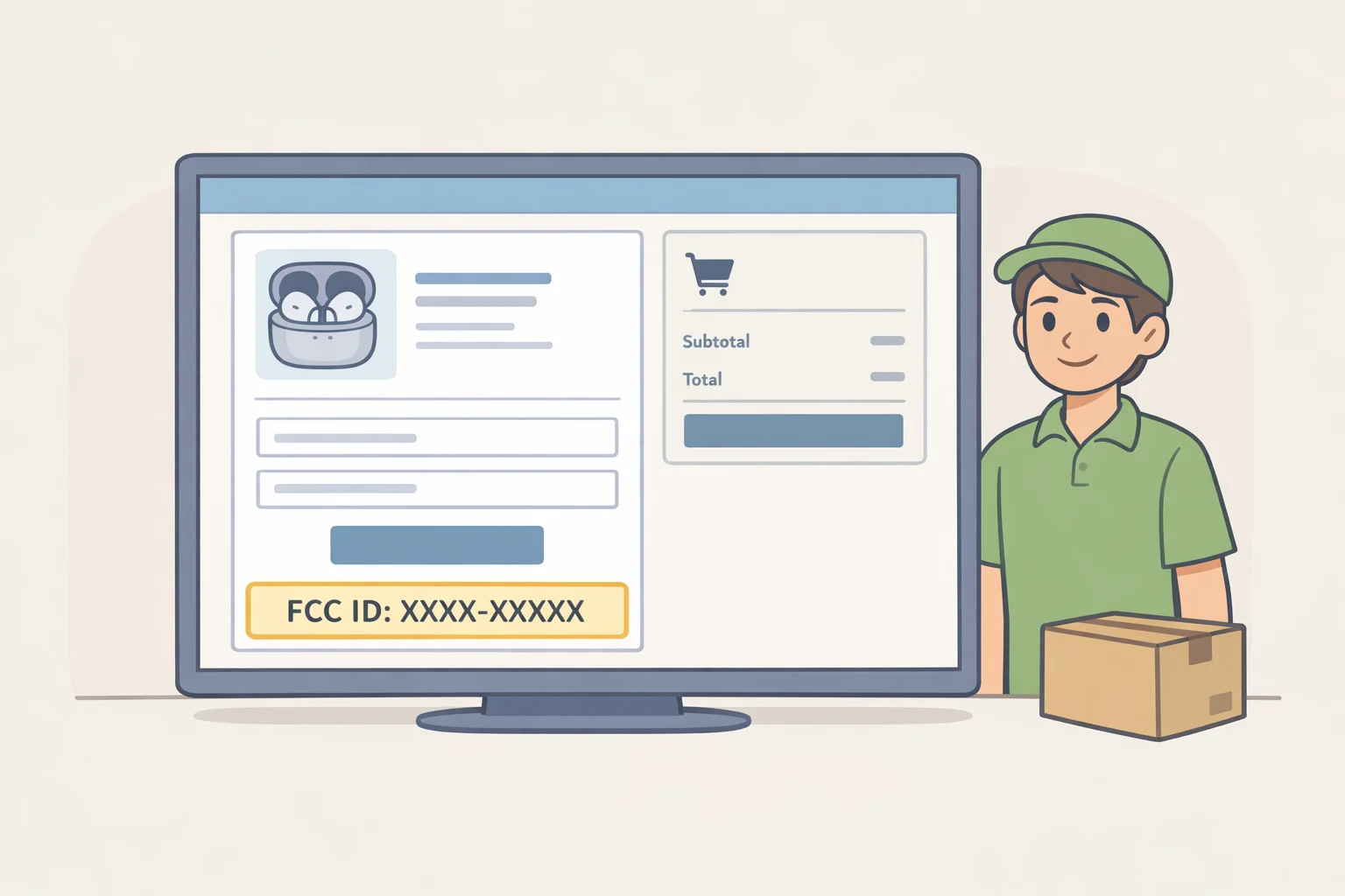 Screenshot-style mockup of an online drone listing where the FCC ID is prominently displayed at the point of purchase for third-party marketplace sellers