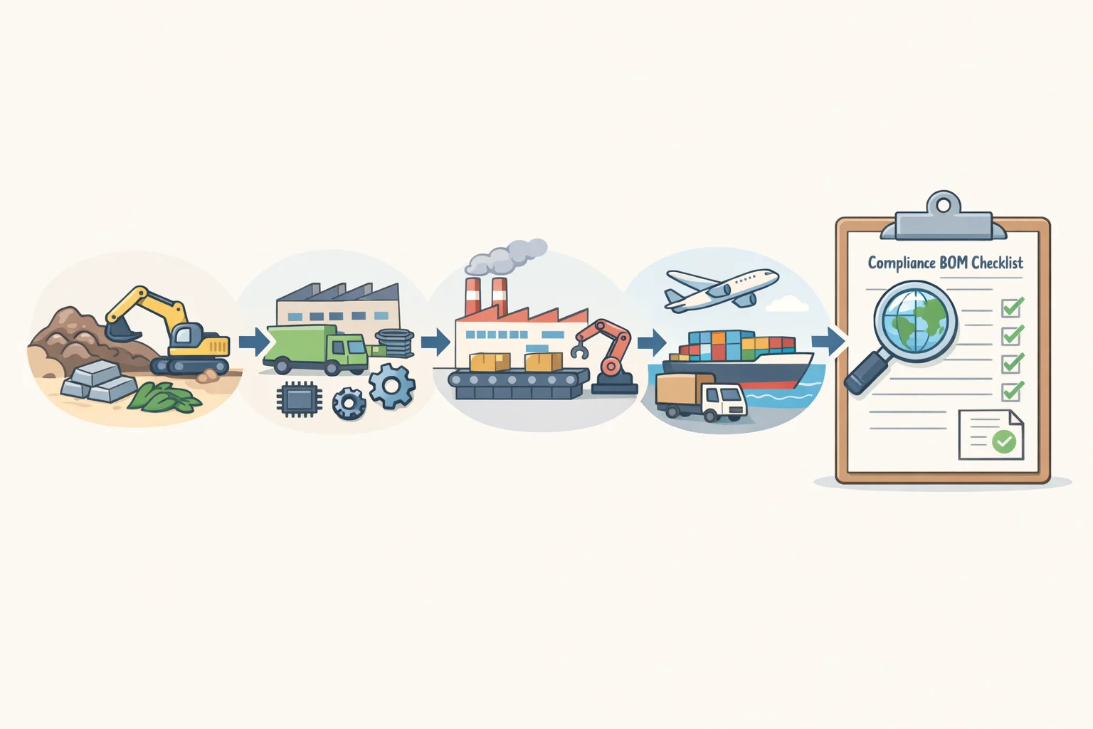 Supply-chain bill of materials (BOM) illustration showing required documentation of component origins across multiple tiers, alongside notes about remaining national-security gaps