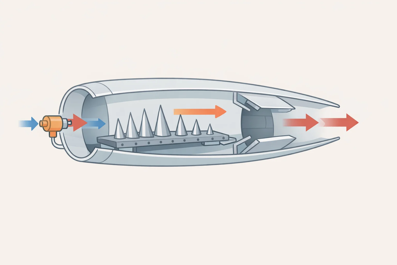 Technical schematic of the SR-71 Shock Expulsion System (SES) where sensors detect a small inlet pressure differential and spikes and bypass doors move to restore inlet symmetry