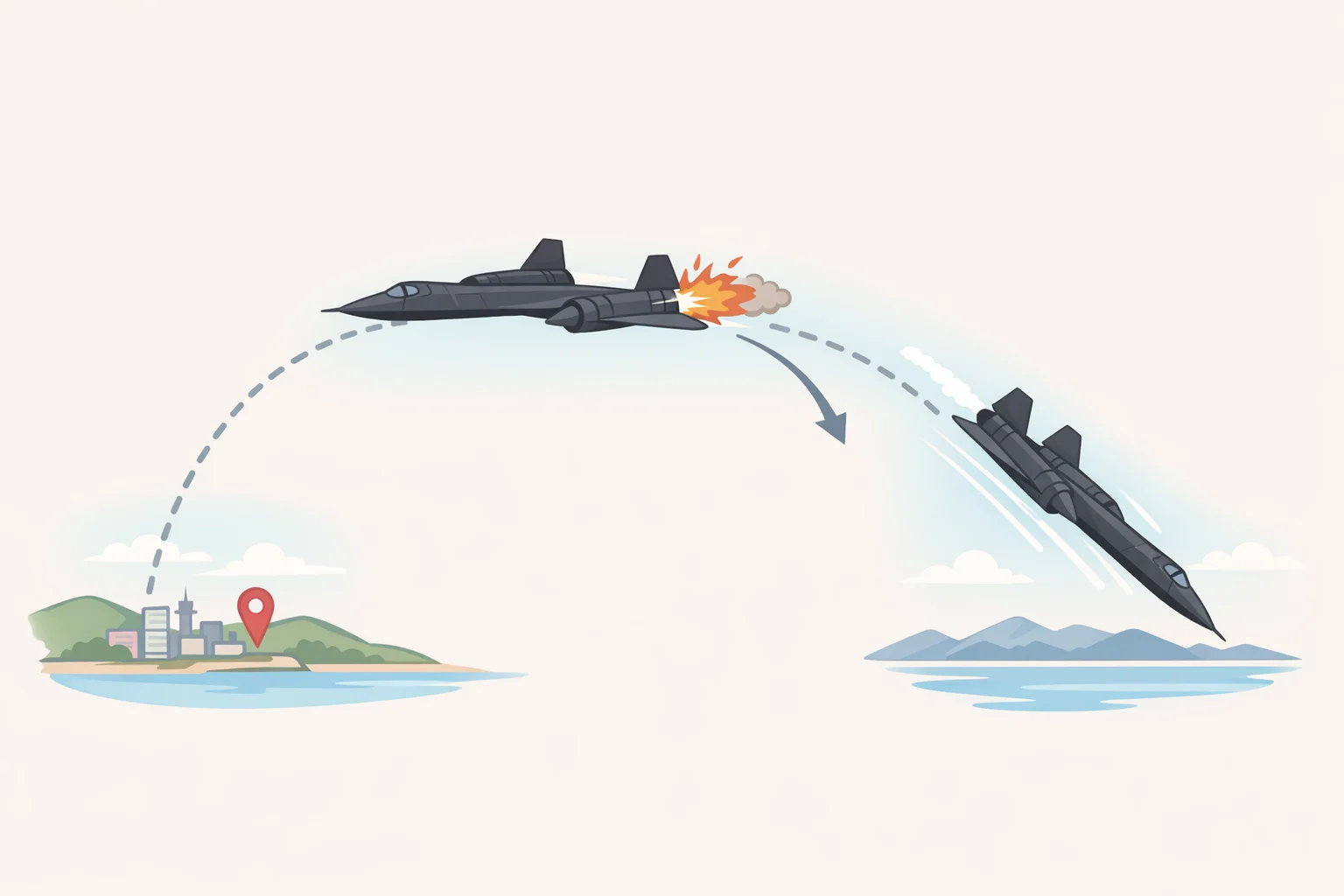Diagram of an SR-71 Blackbird flying at Mach 3 near Vladivostok where an inlet unstart causes one engine to lose thrust and the jet to begin a steep, unpowered descent