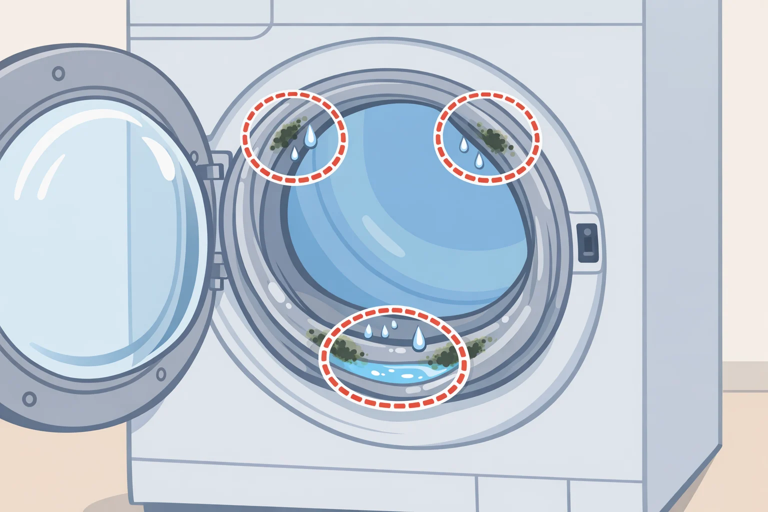 Diagram showing a front-load washing machine with the rubber gasket fold opened to reveal trapped moisture that can cause the musty smell why do my clothes smell after washing