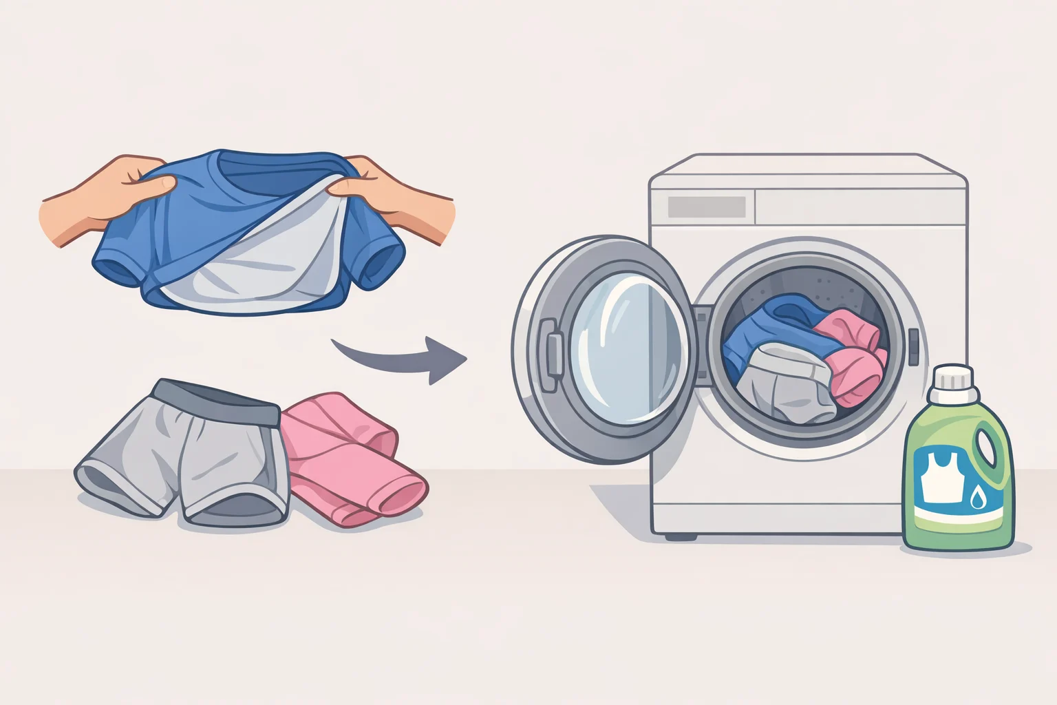Illustration of polyester activewear turned inside out in a washing machine drum with a sports-specific detergent being poured in