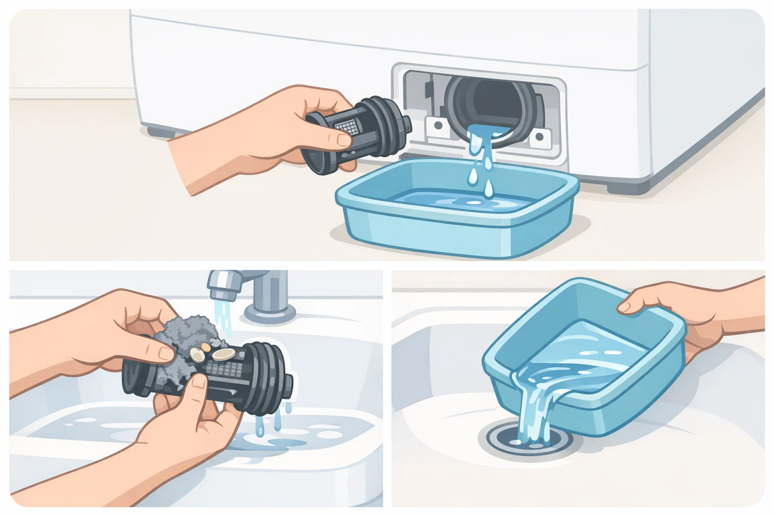 Illustration of a front-load washer with the bottom access panel opened and the drain filter removed to remove debris and reduce microbial buildup
