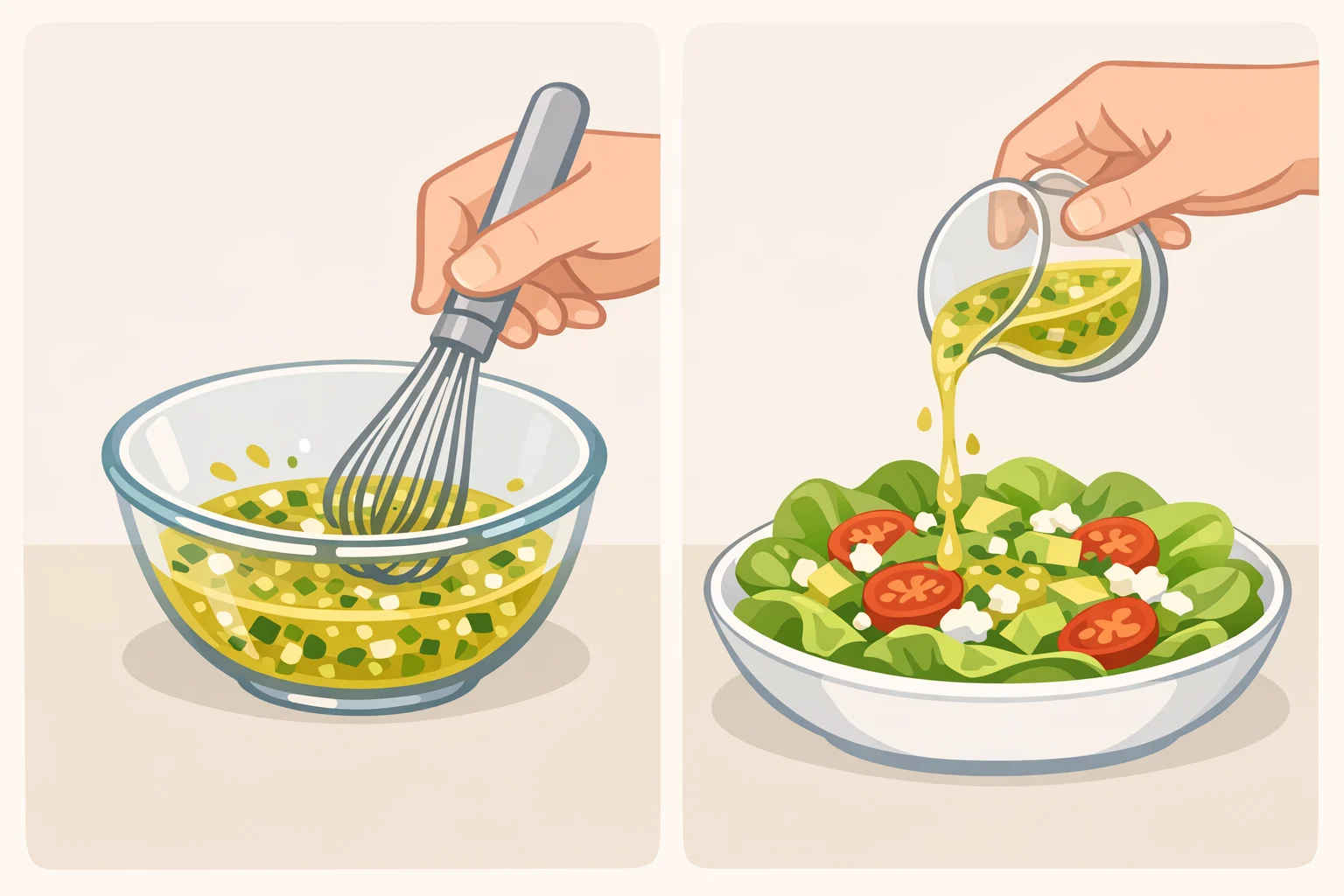 A bowl with scallion-lemon vinaigrette being whisked, then drizzled over butter lettuce topped with charred corn, cherry tomatoes, avocado, and sliced steak