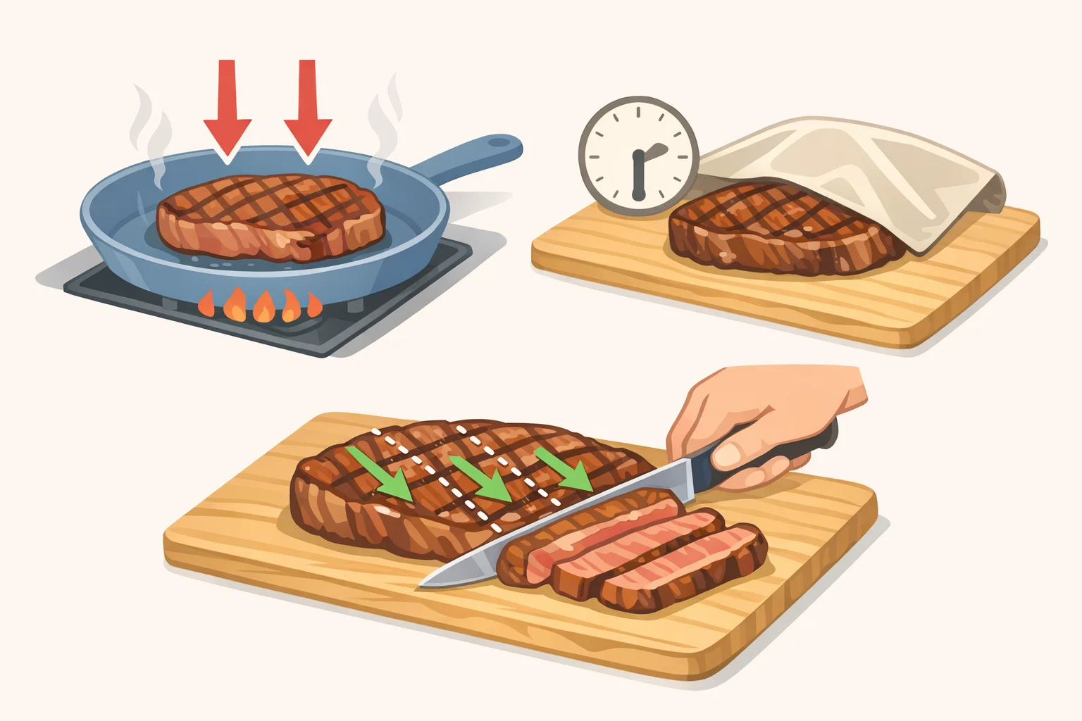 A sequence illustration of a steak searing on a hot grill or skillet, then resting on a cutting board under foil, followed by thin slices cut against the grain