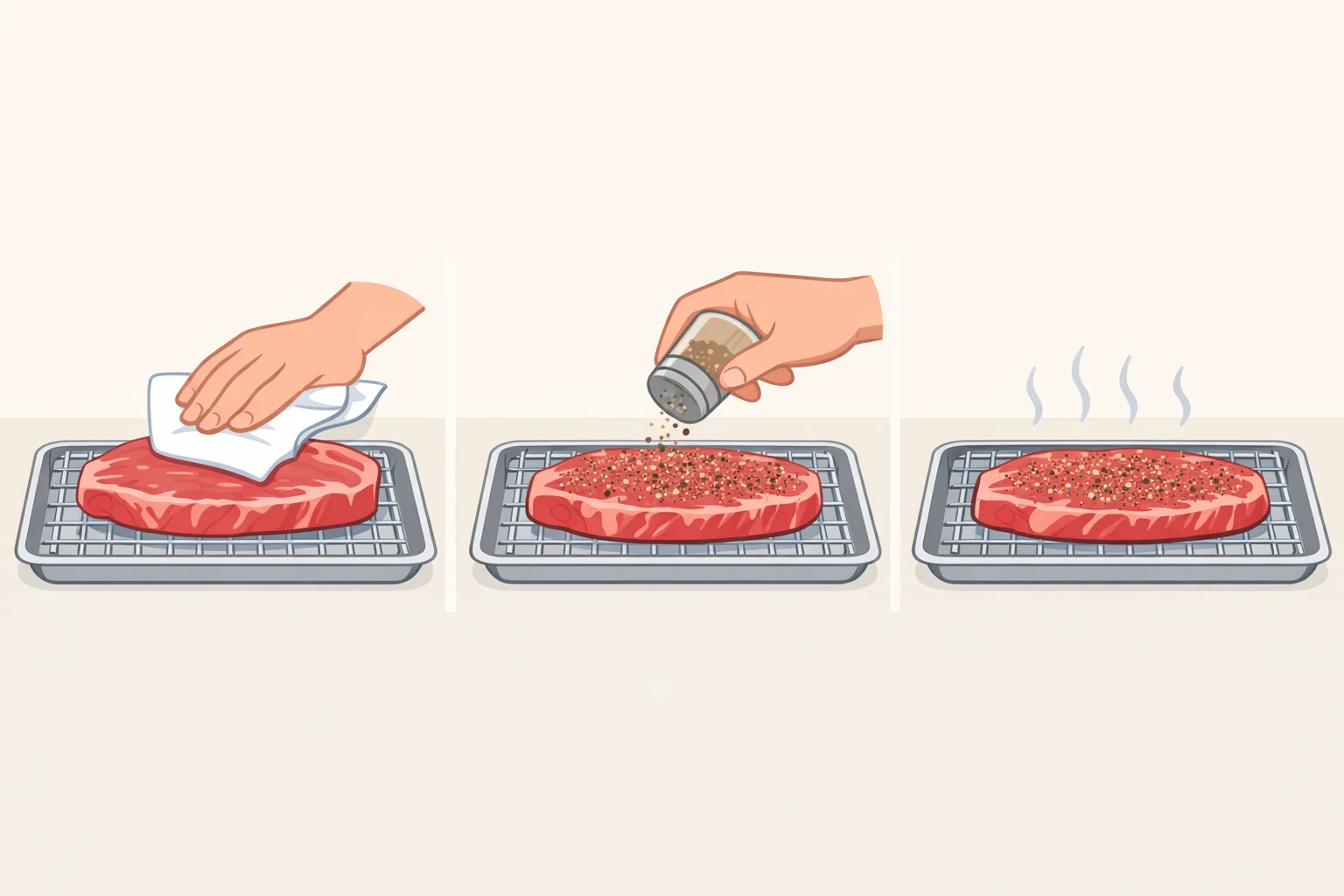 A wire rack over a sheet pan holding a raw flank or strip steak, dry-brined with kosher salt and black pepper so the surface dries before making a grilled steak salad recipe