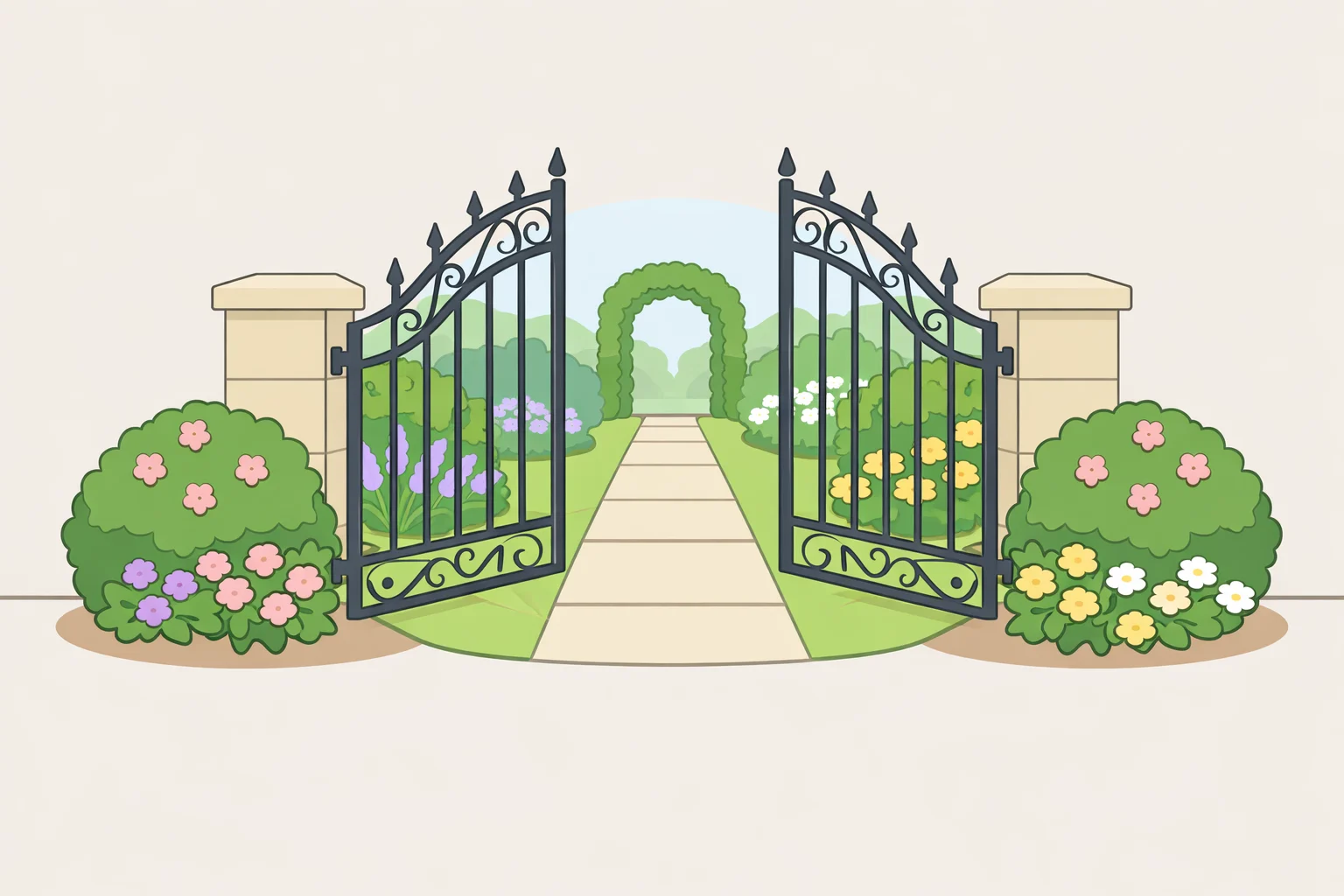 Illustration of a front garden with an ornamental gate creating a clear sense of arrival and separation from the lawn