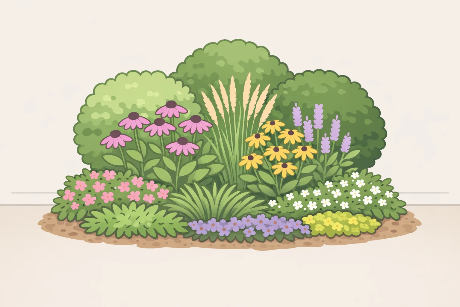 Illustration of a layered planting bed showing groundcovers, mid-height perennials, and taller shrubs with overlapping bloom periods