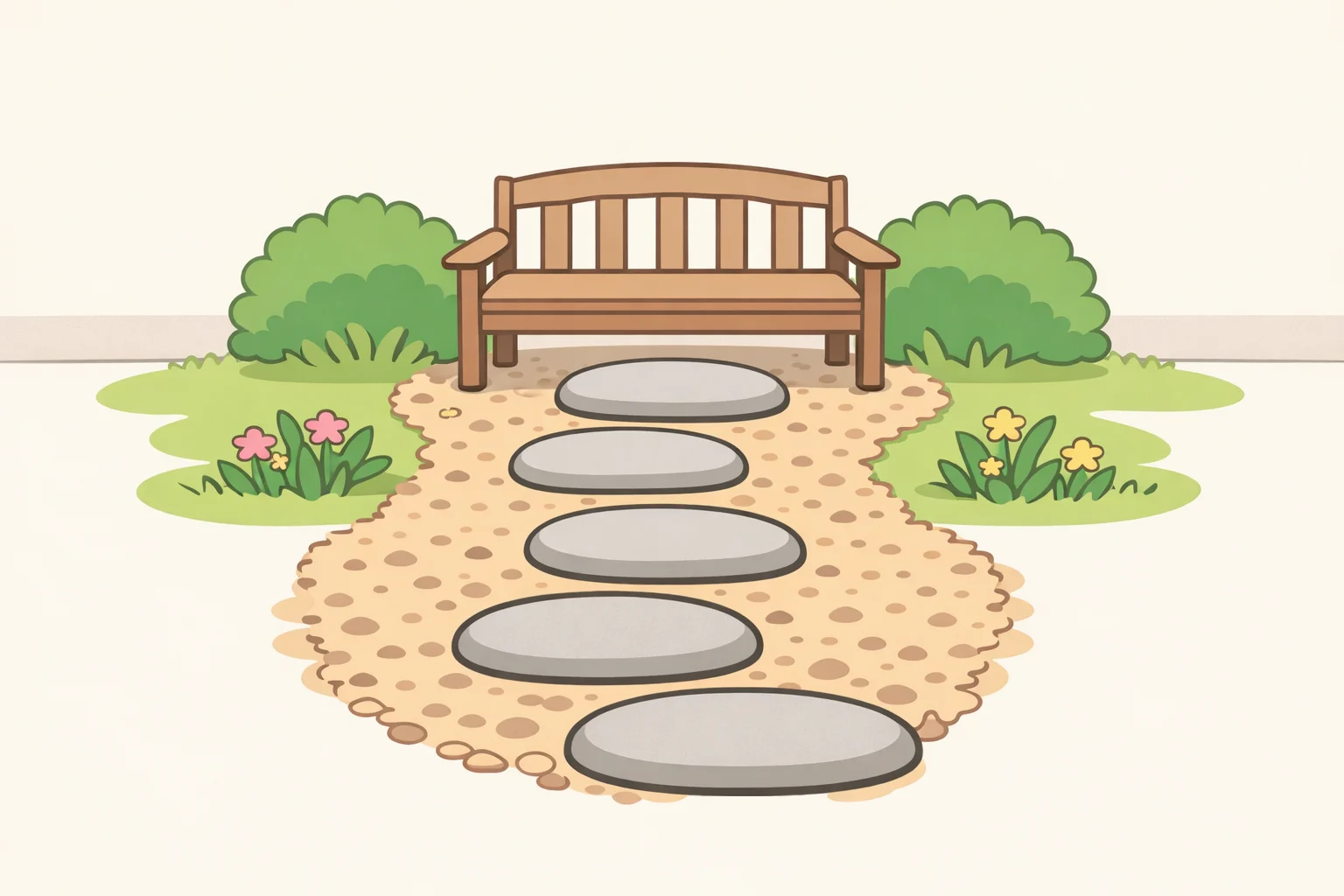 Illustration of a garden path made of stepping stones that leads to a seating area, demonstrating how to add charm to your garden through intentional movement
