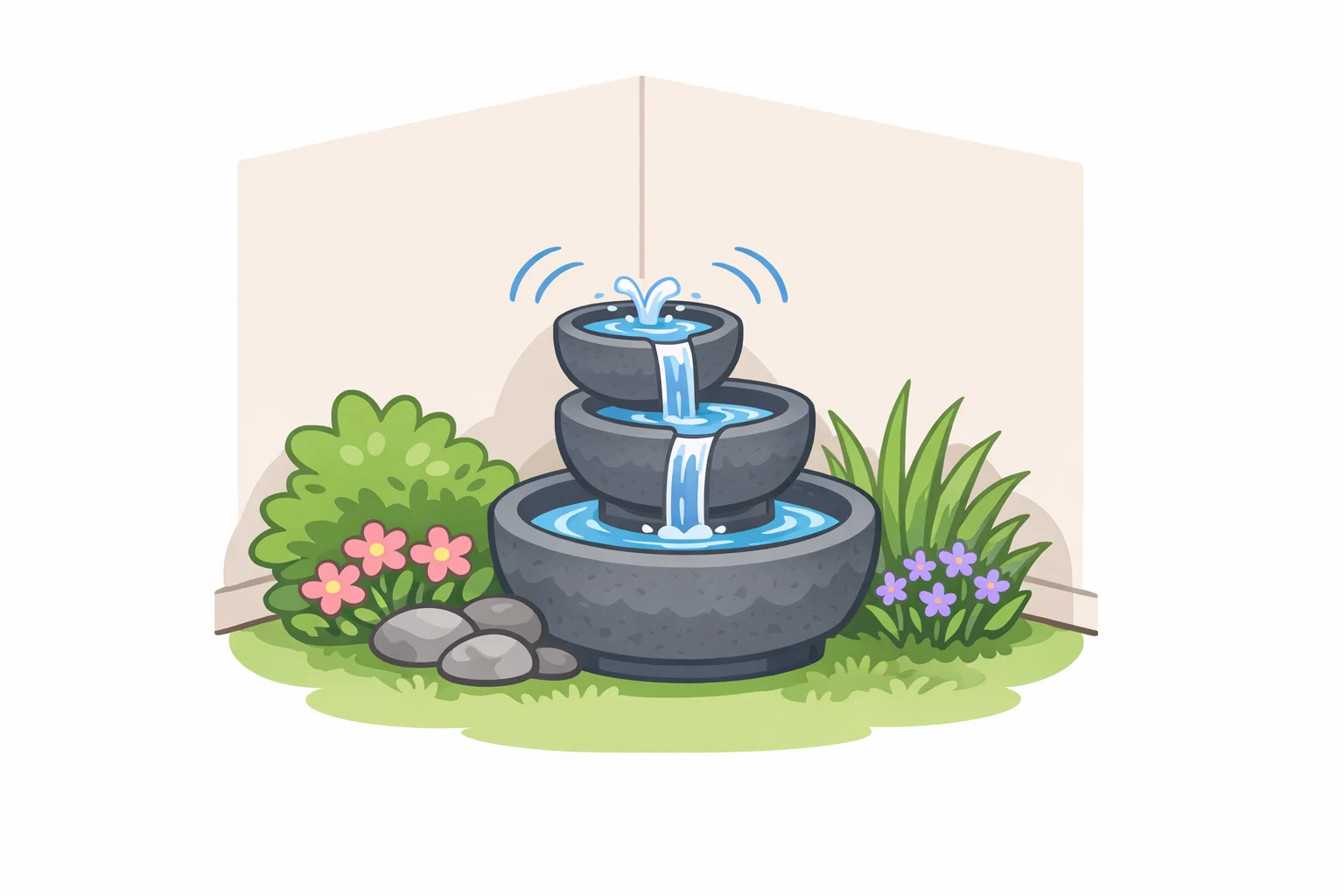 Illustration of a recirculating garden fountain in a landscaped seating area to create a serene, noise-masking effect
