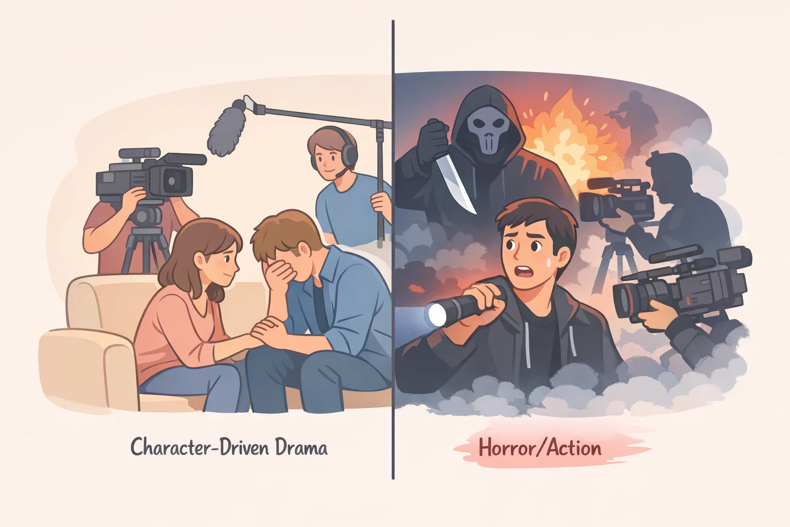Split-screen illustration contrasting Peter Ocko's slow, character-focused drama mood with James Wan's large-scale genre aesthetics, reflecting the creative bet behind the Amazon RoboCop TV series
