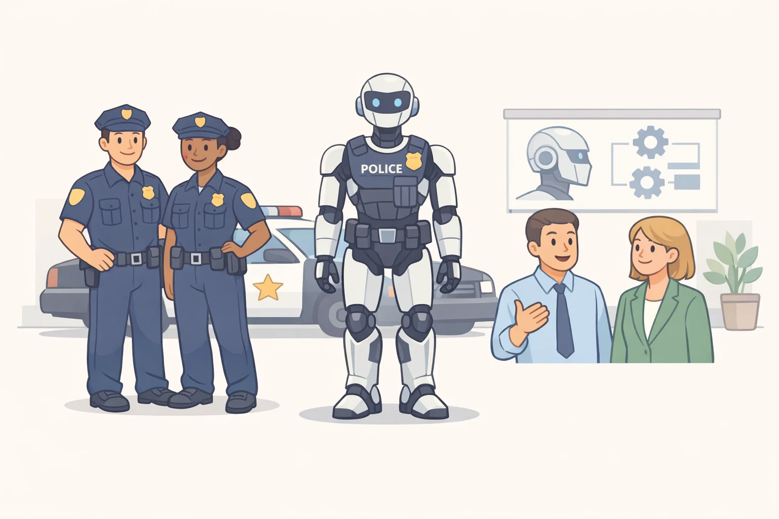 Diagram-style illustration of a tech conglomerate promoting a police robot that embeds a fallen officer's consciousness, capturing the core premise of the Amazon RoboCop TV series