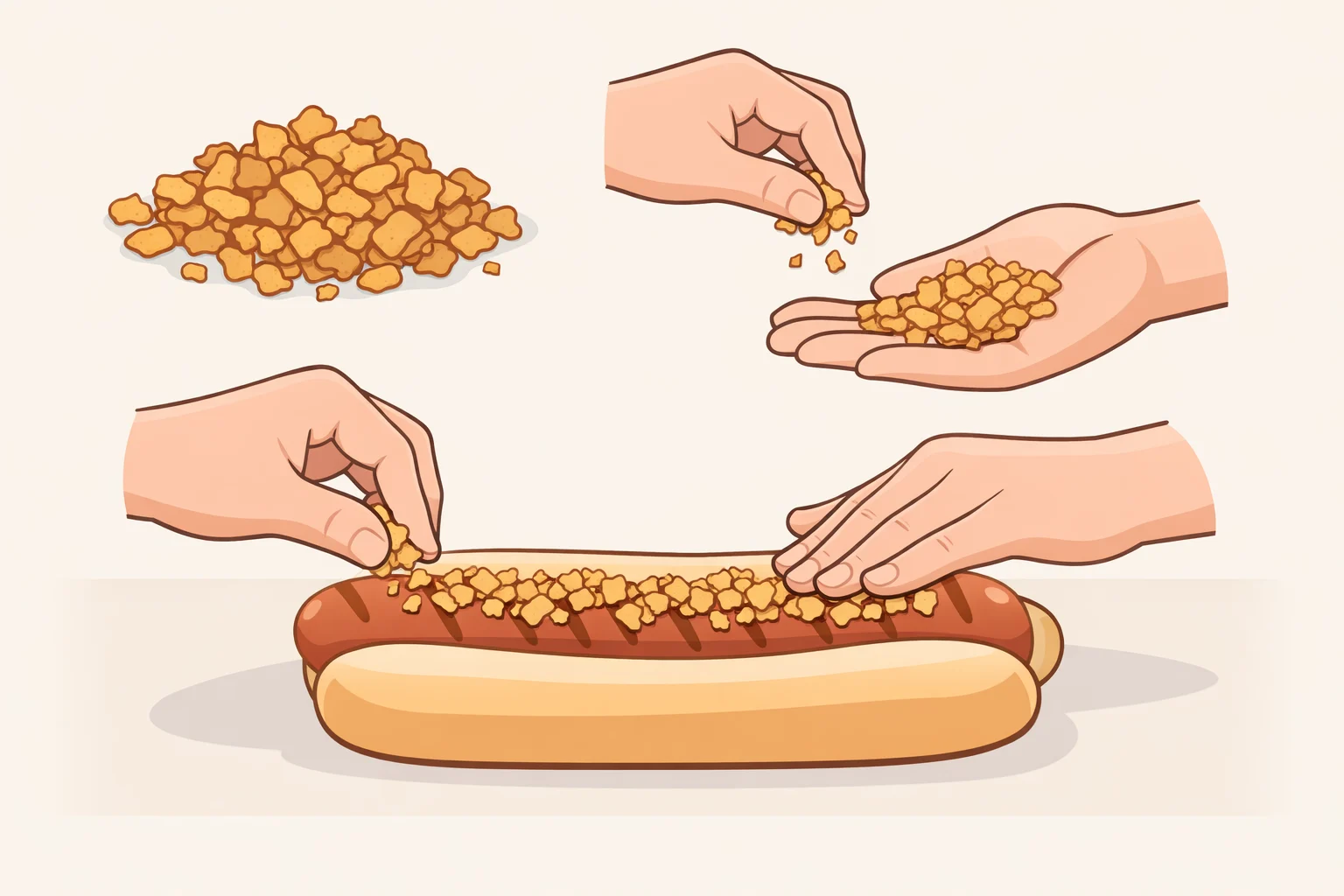 Coarsely crushed fried onions being broken into irregular pieces and lightly pressed onto a hot dog, showing the size needed for crushed fried onions on hot dogs to grip and stay crunchy