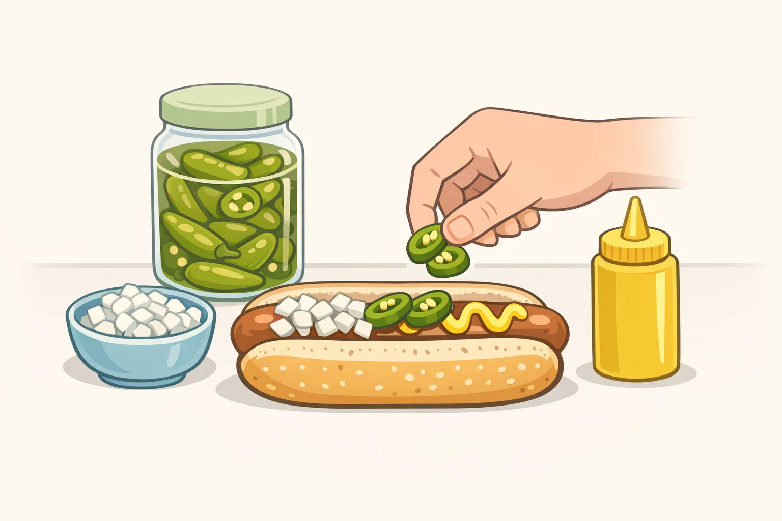 Sliced pickled sport or banana peppers placed on a hot dog between the onion layer and the mustard drizzle for added brightness without extra liquid