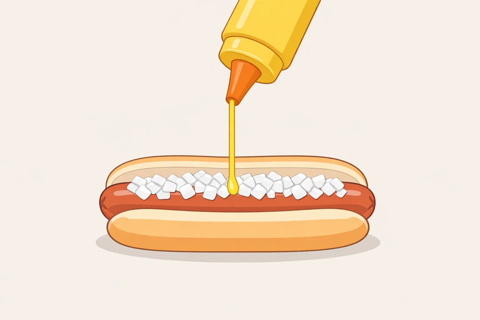 Close-up of a yellow mustard drizzle laid as a visible line over a crispy onion layer on a grilled hot dog