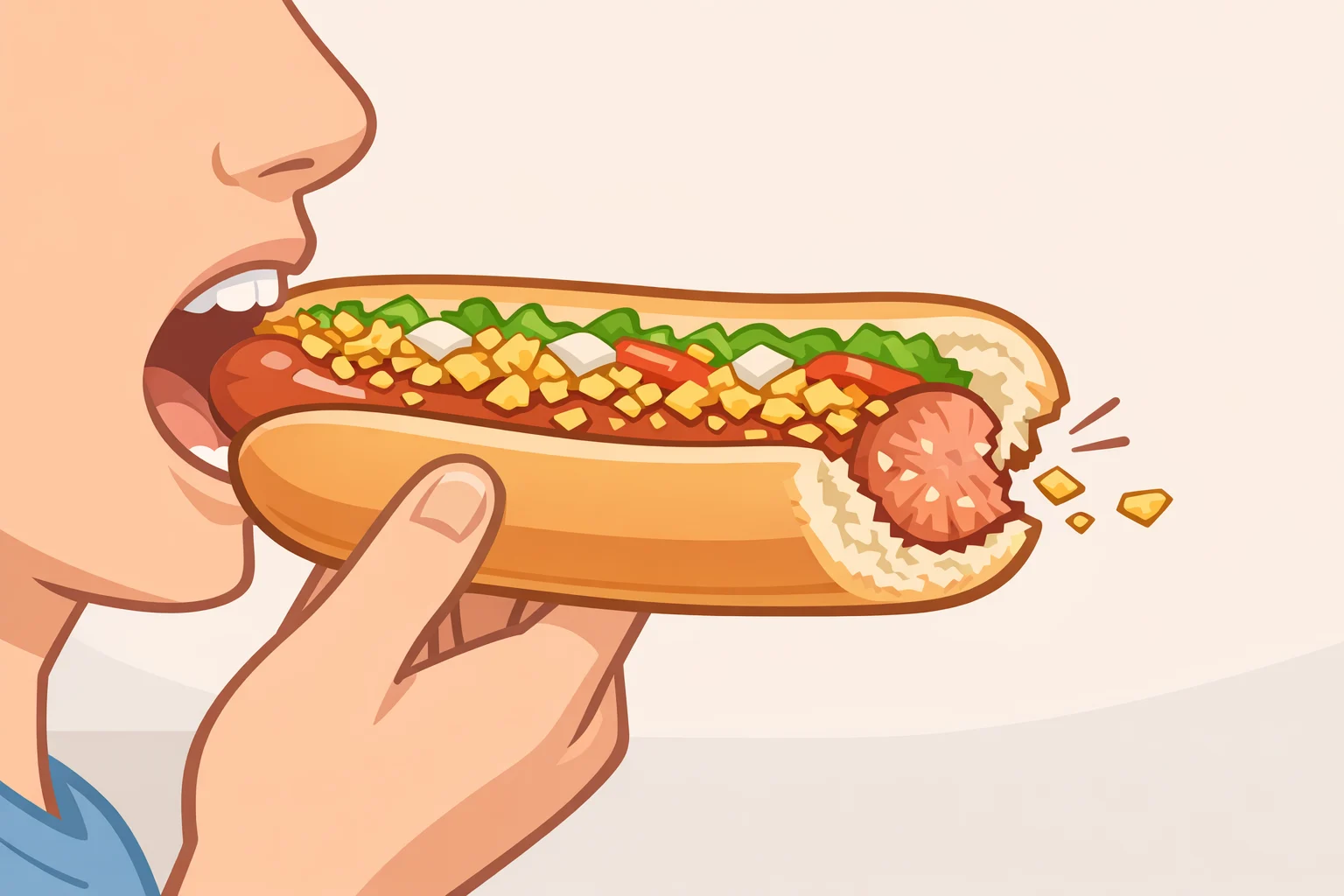 A freshly assembled hot dog with crushed fried onions showing preserved crunch at first bite