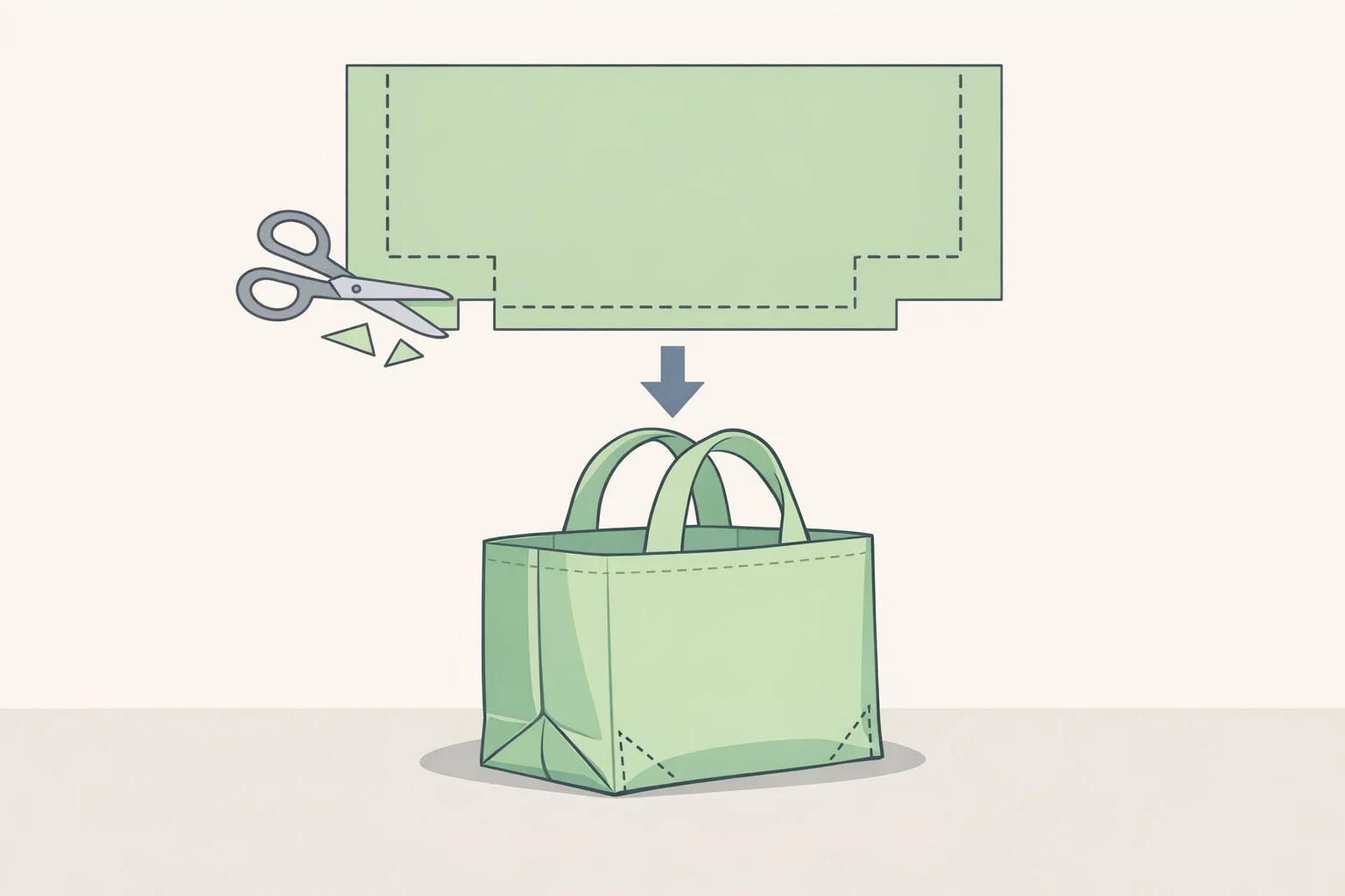 Diagram of a polypropylene grocery bag showing corner right-angle notches and stitched triangles to create a flat-bottom tote for durable ways to reuse reusable shopping bags