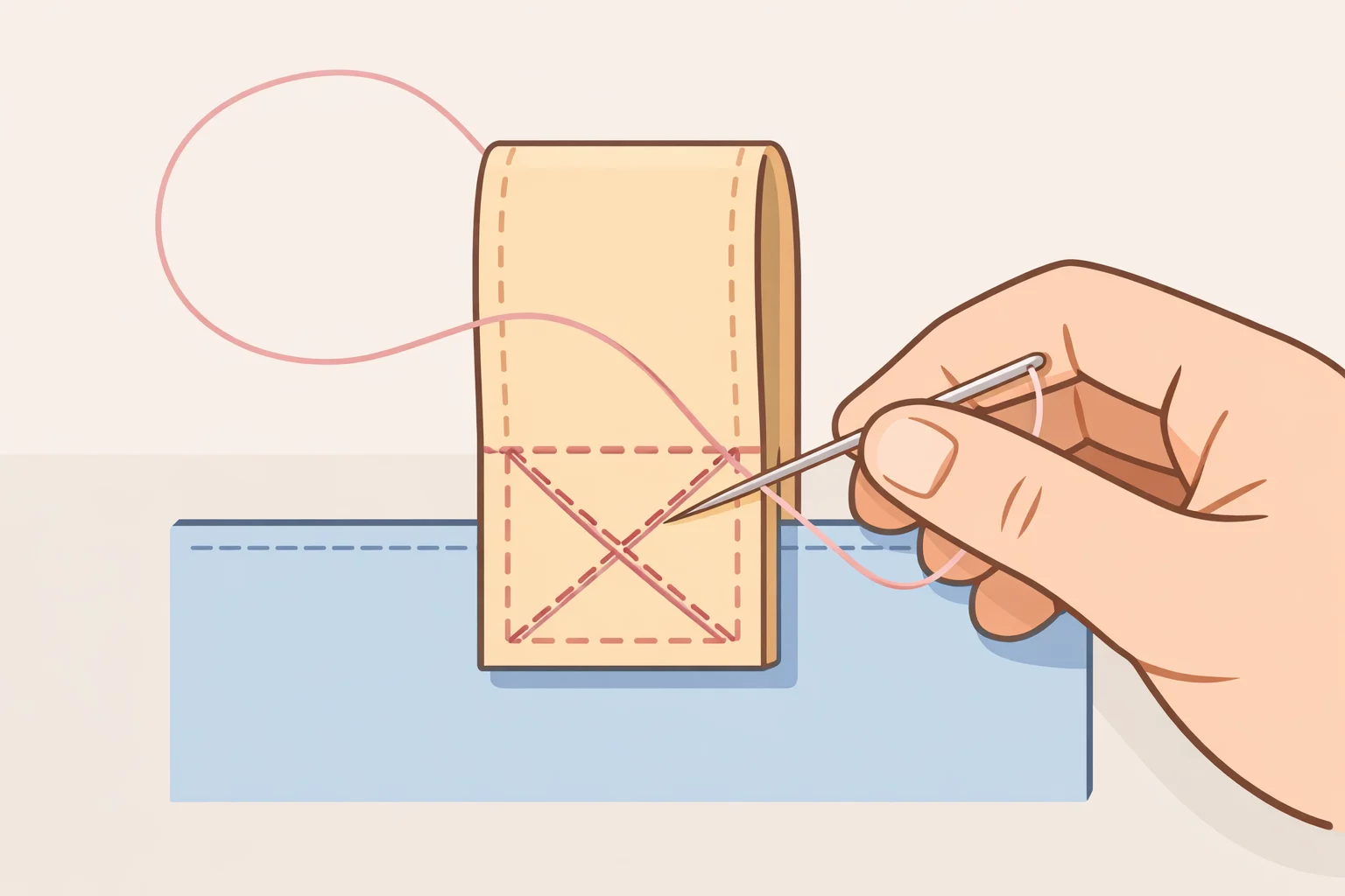 Sewing instruction graphic showing a rectangle-and-X reinforcement pattern used to attach polypropylene bag straps and prevent strap tear-out