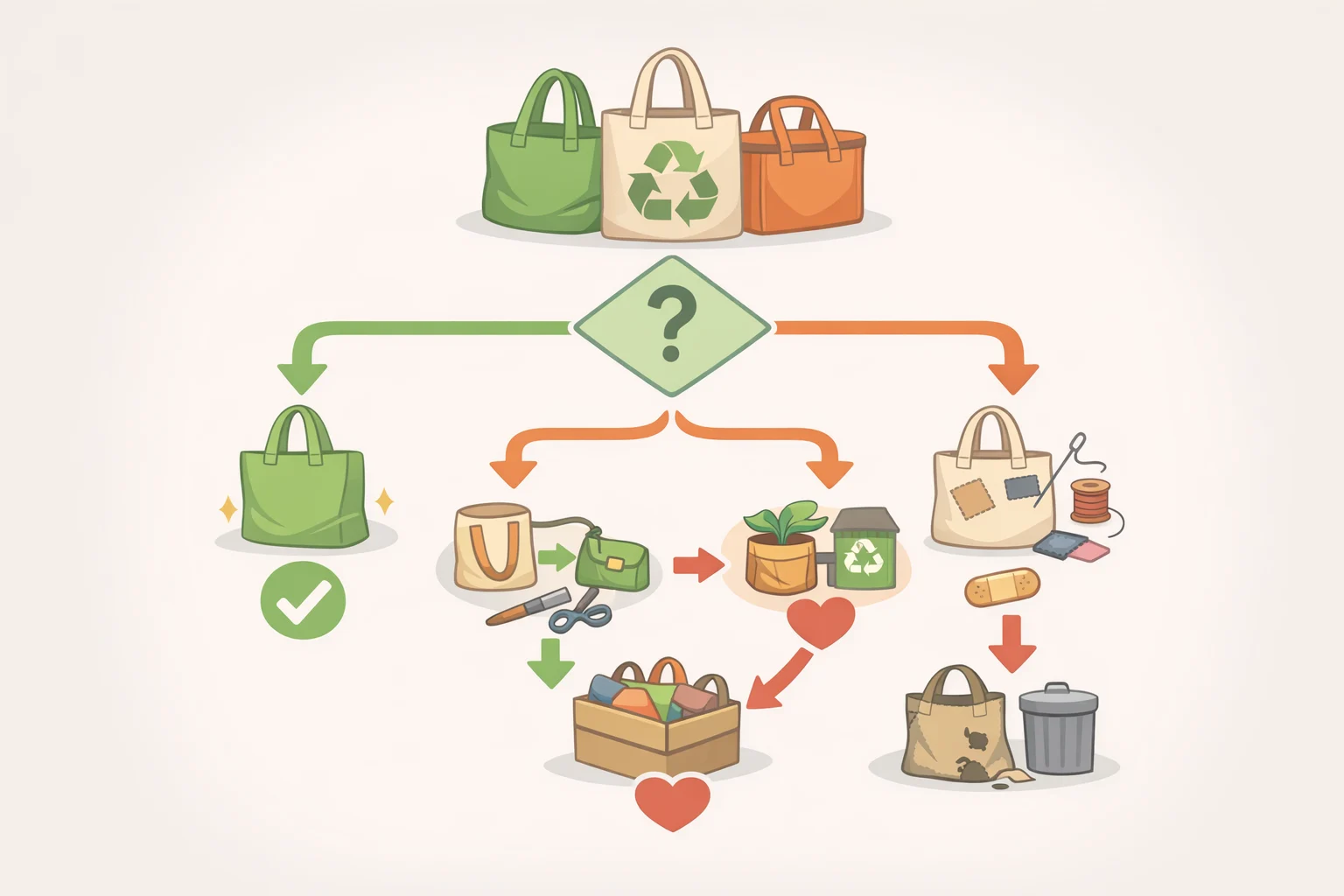 Flowchart showing decisions for old reusable grocery bags: keep in rotation, repair straps, convert to a harder job, redirect outdoors, or discard when contaminated or torn