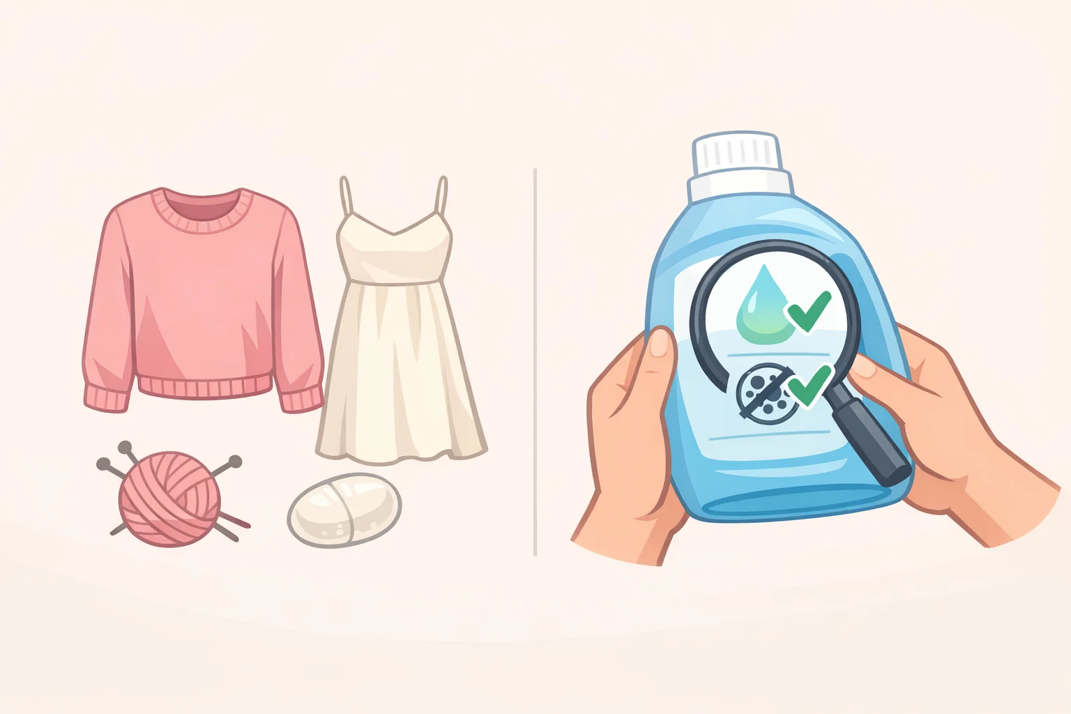 Close-up of a detergent label highlighting pH-neutral and enzyme-free claims for washing wool and silk
