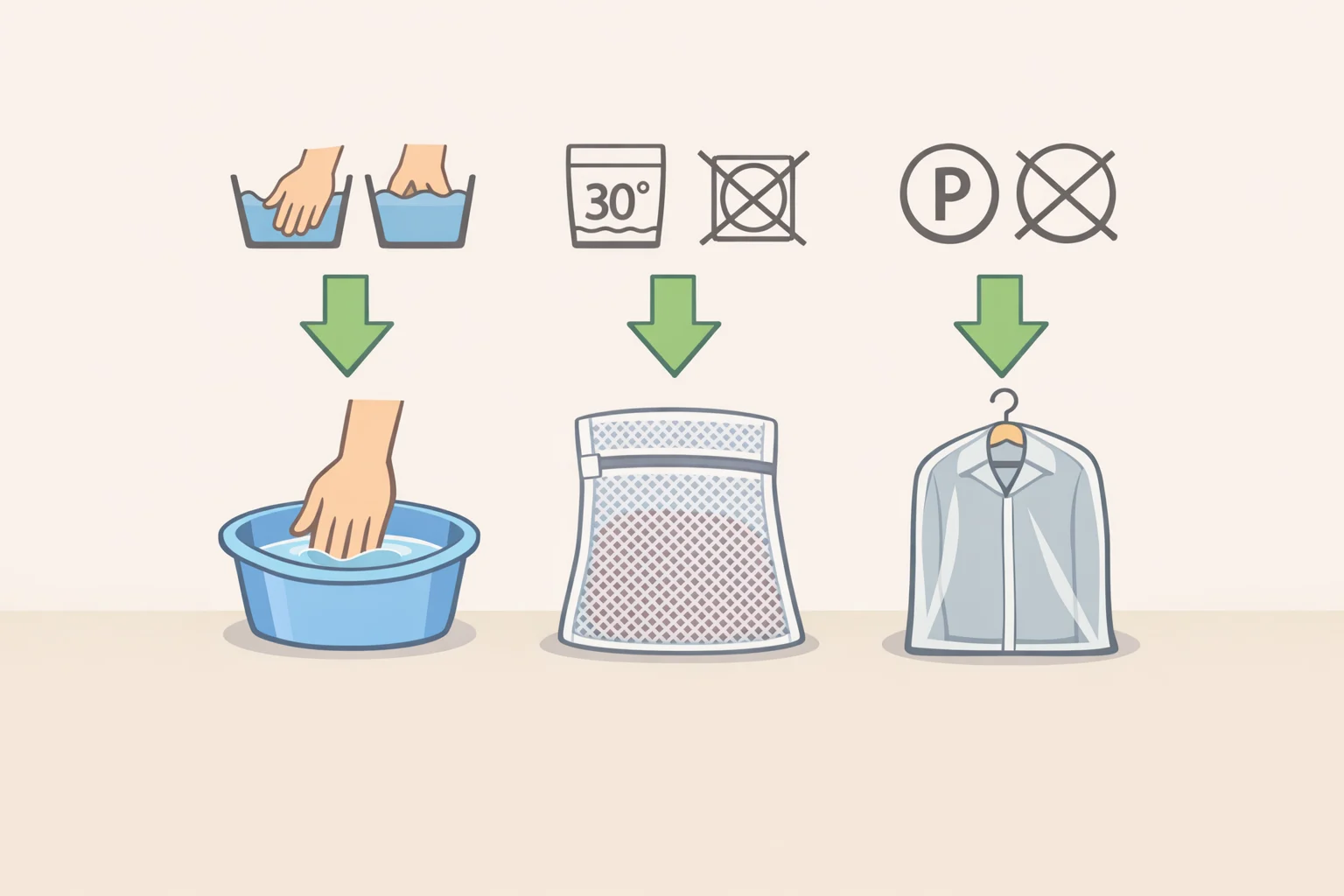 Decision guide showing how to hand-wash clothes safely based on care labels, with examples for hand-wash only, machine-delicate with a mesh bag, and dry clean only items