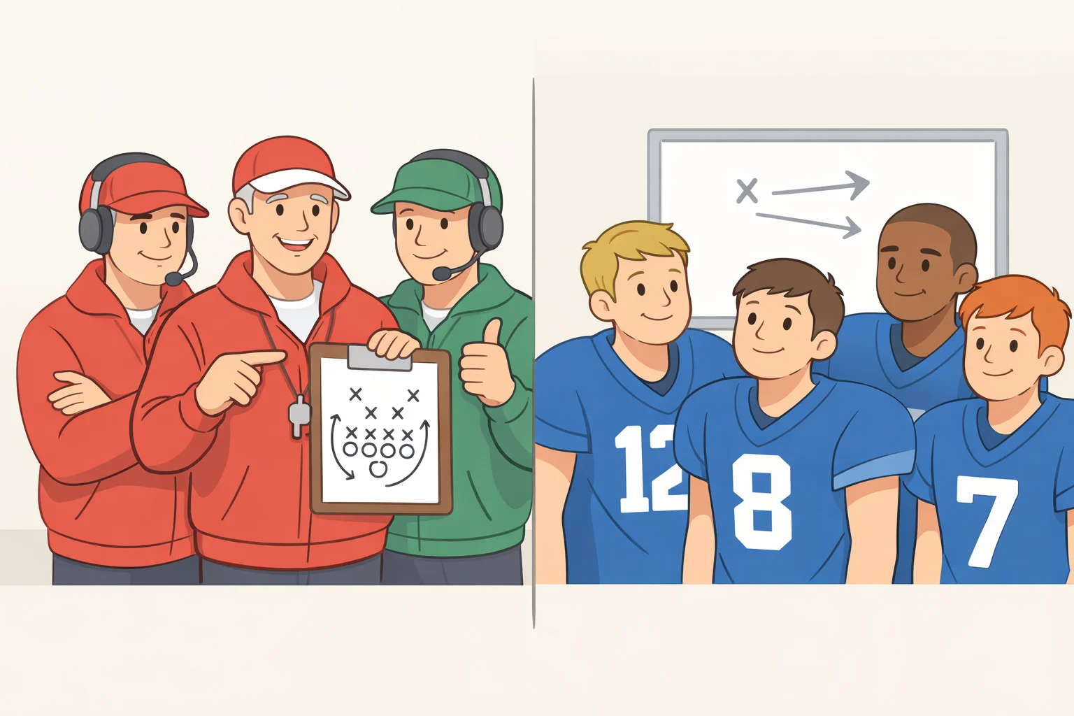 Comparison illustration of Ted’s familiar coaching staff facing a newly formed all-female Richmond team in the tense, hostile environment echoed from season one