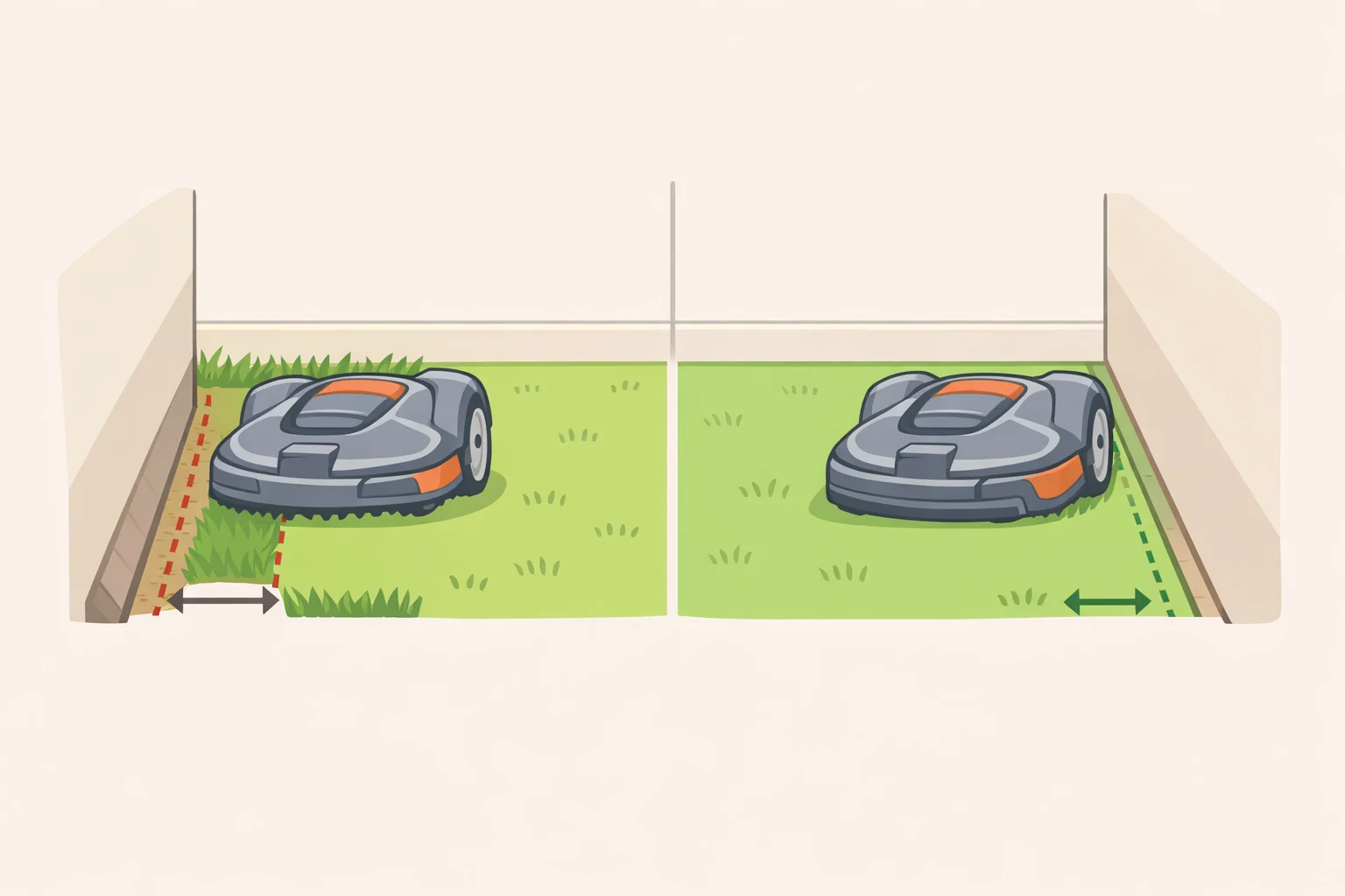 Diagram comparing Roborock LiDAR mower edge cutting within 3 cm using the PreciEdge module versus the ~10 cm uncut strip without it