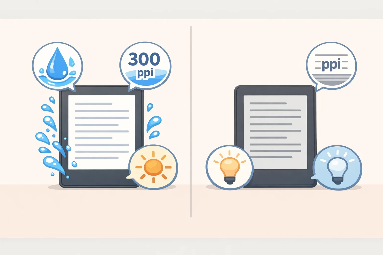 Close-up comparison of Kindle Paperwhite features: IPX8 waterproofing, 300 ppi screen, and adjustable warm light