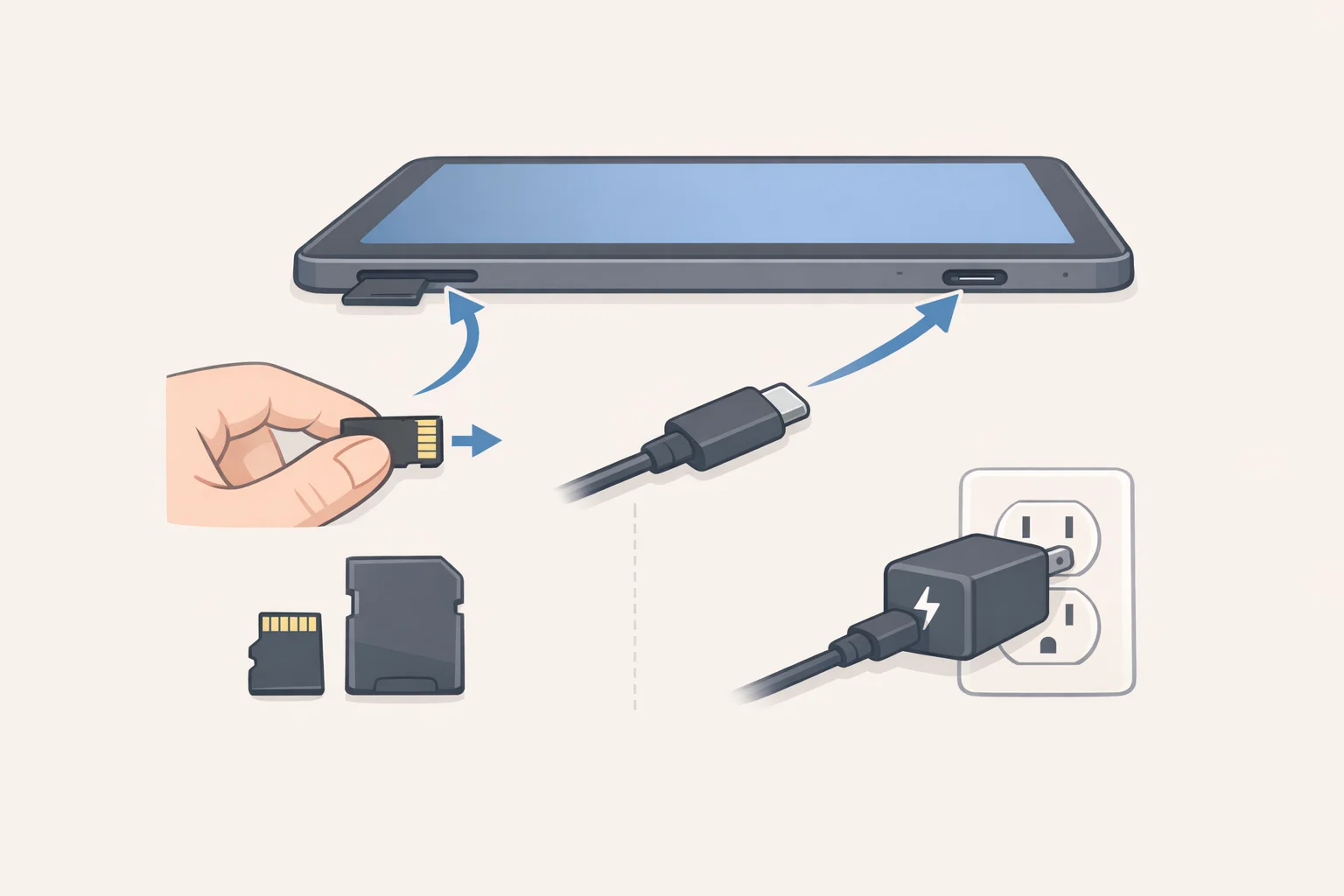 Diagram of the TCL NXTPAPER 11 Gen 2 layout featuring microSD expansion up to 1TB and 18W USB-C fast charging with reverse charging support